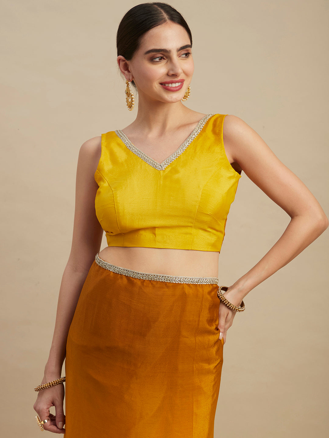 Mustard Chinon Party Wear Saree With Embroidery Sequins Work