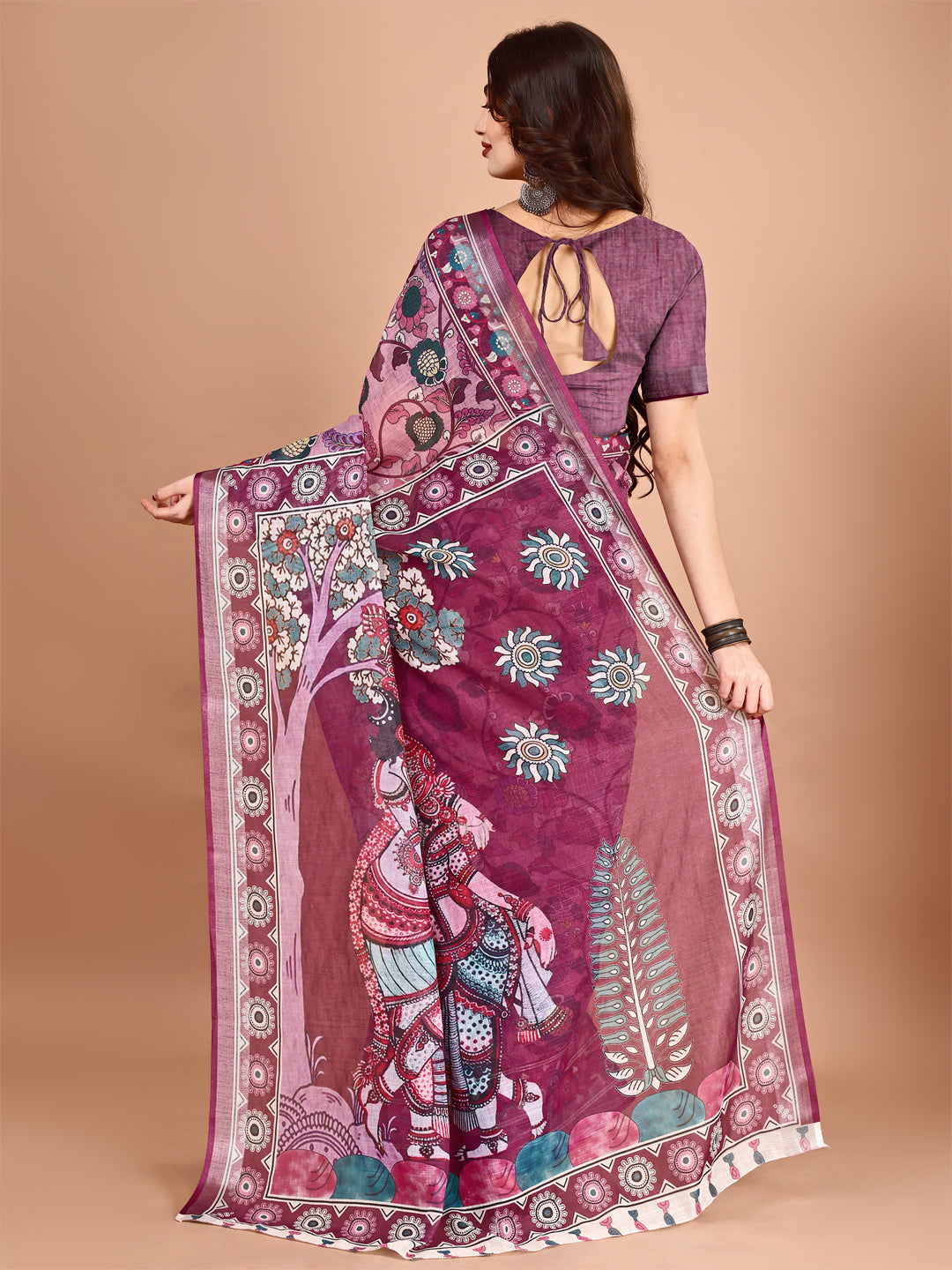 Magenta Linen Designer Printed Saree