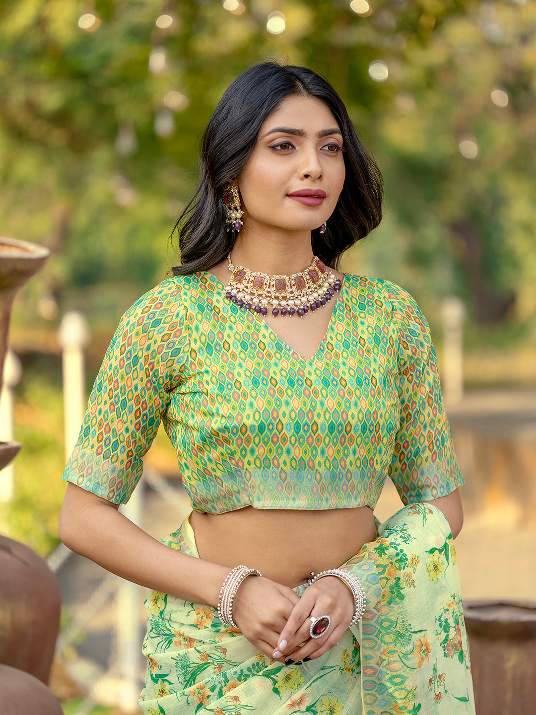 Lemon Yellow Linen Printed Summer Wear Saree