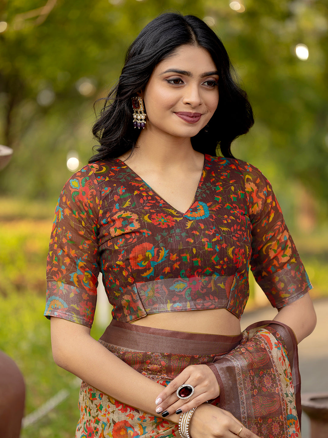 Brown Linen Traditional Printed Saree
