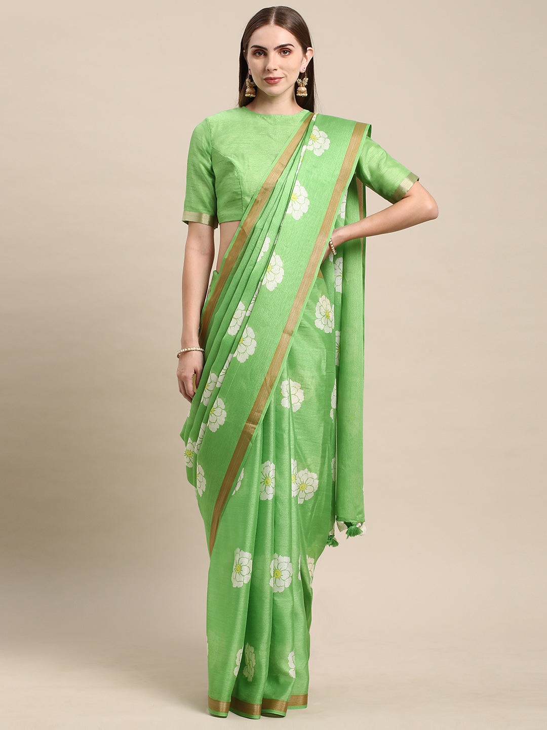 Green Linen Cotton Printed Saree For Daily Wear