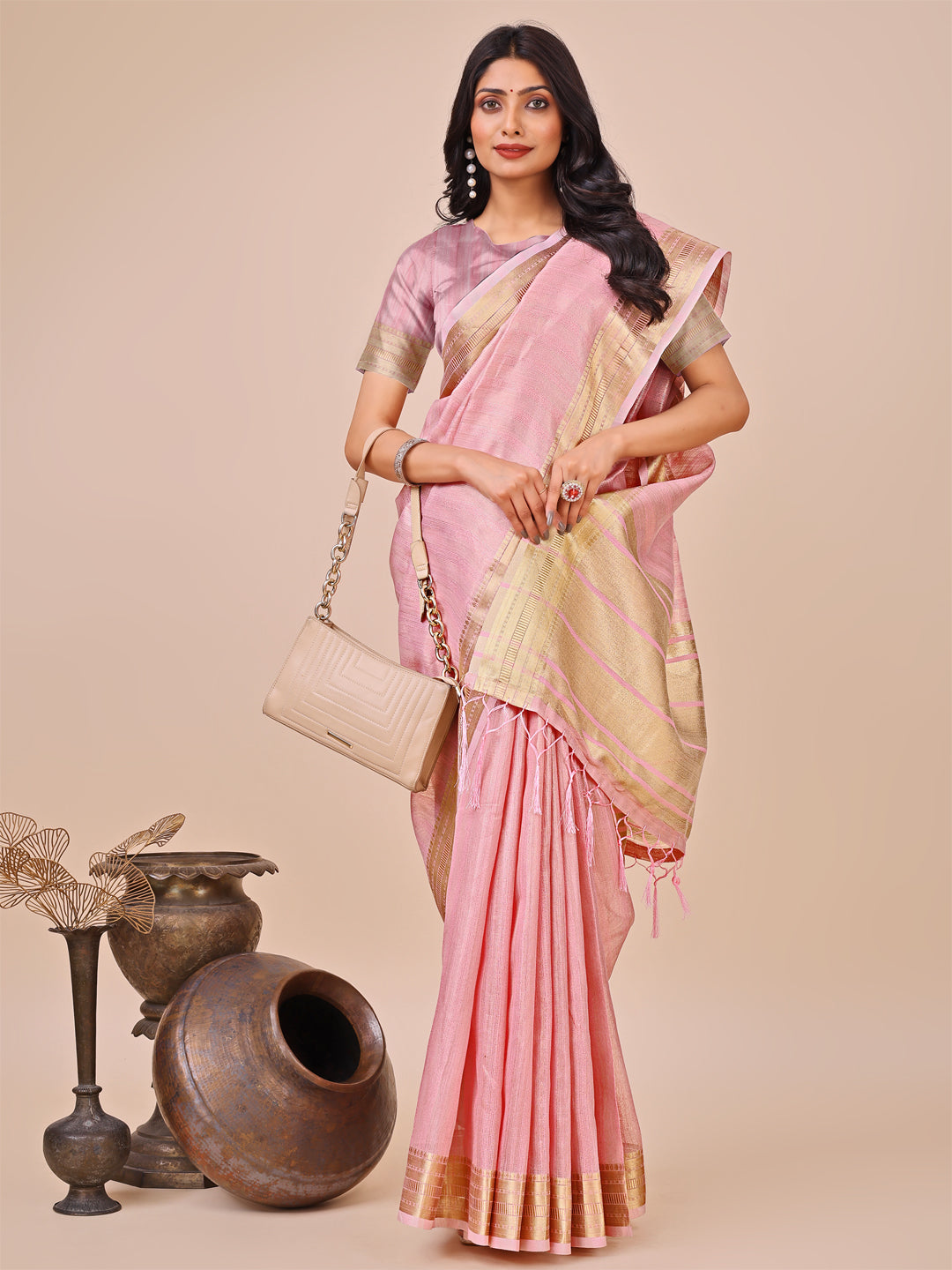 Pink Organza Woven Designer Traditonal Wear Saree