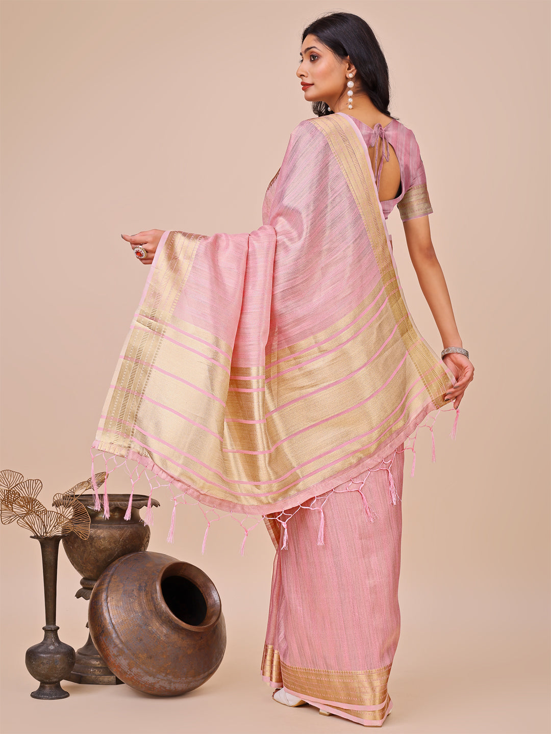 Pink Organza Woven Designer Traditonal Wear Saree