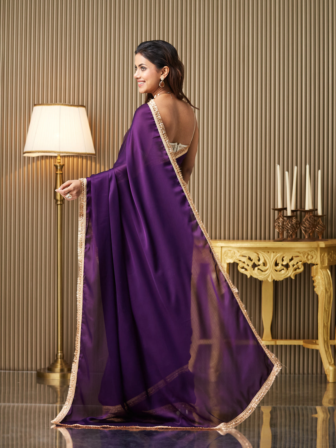 Purple Satin Fancy Designer Bollywood Party Saree