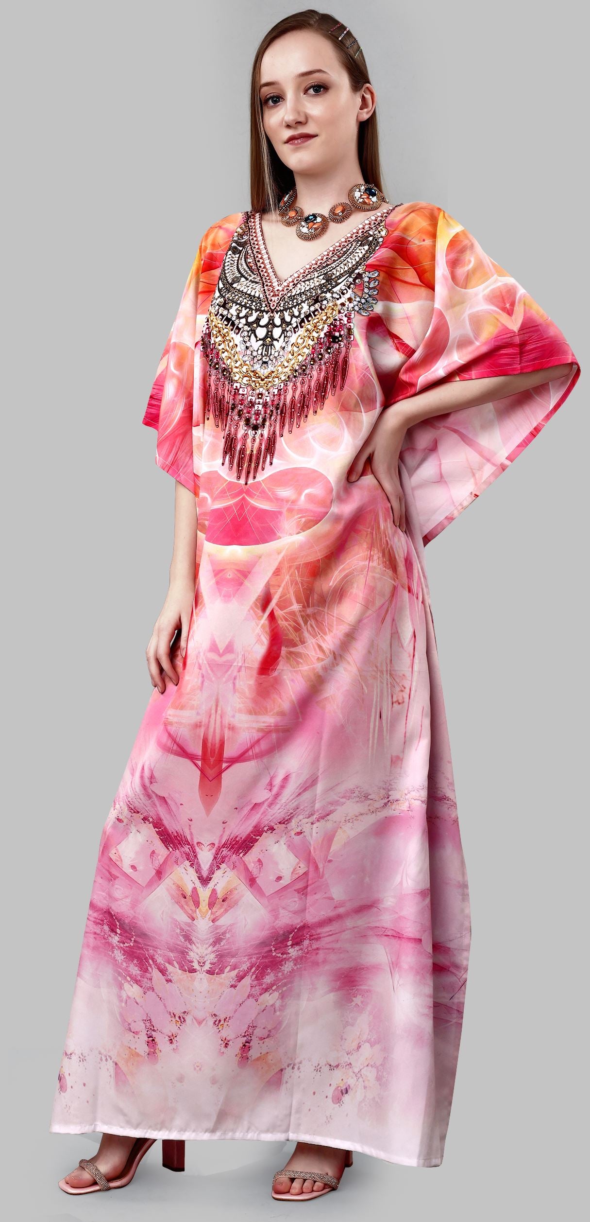 Multi Polyester Crepe Readymade Kaftan Digital Print With Stone Work