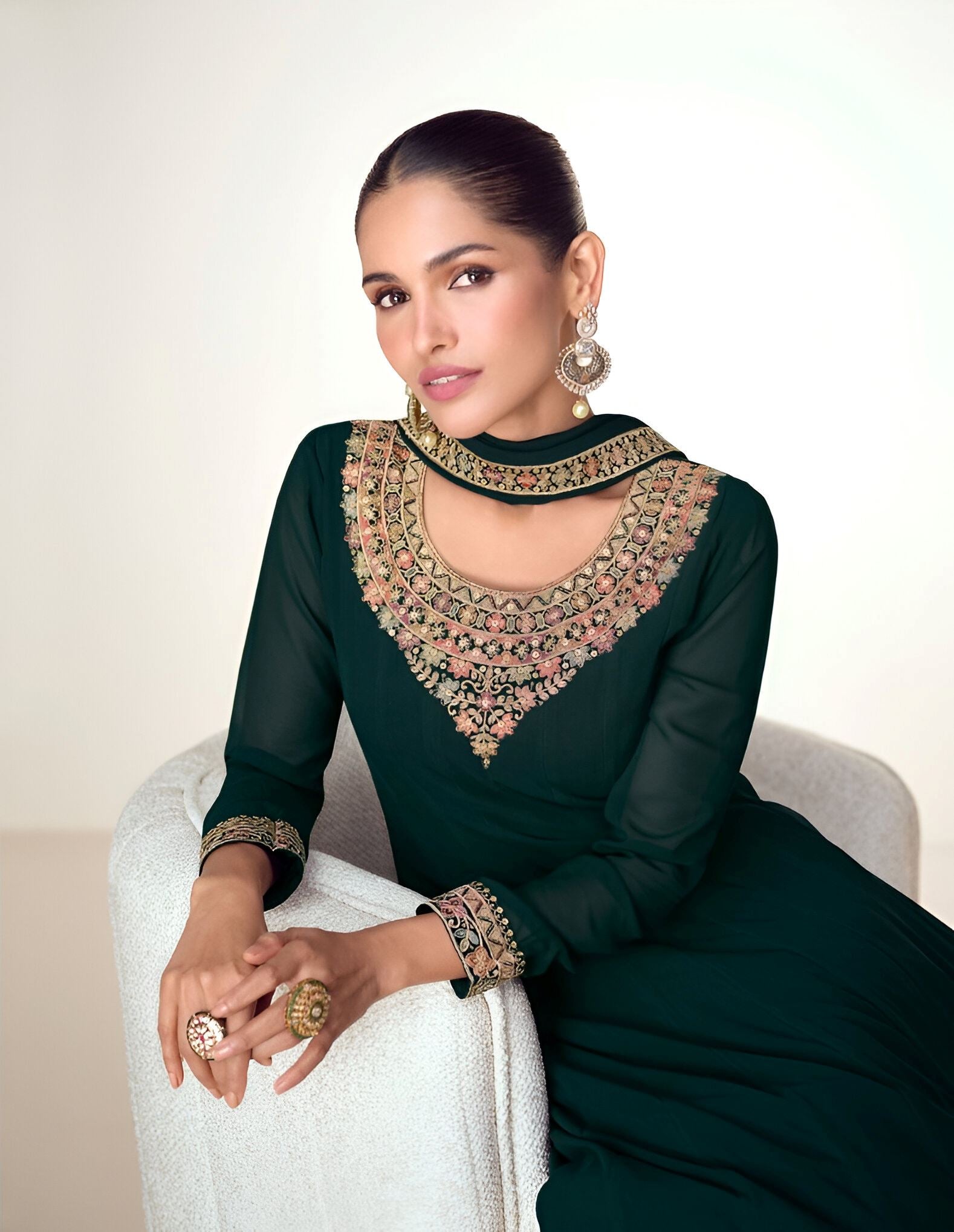 Green Heavy Designer Suit With Heavy Embroidery Work