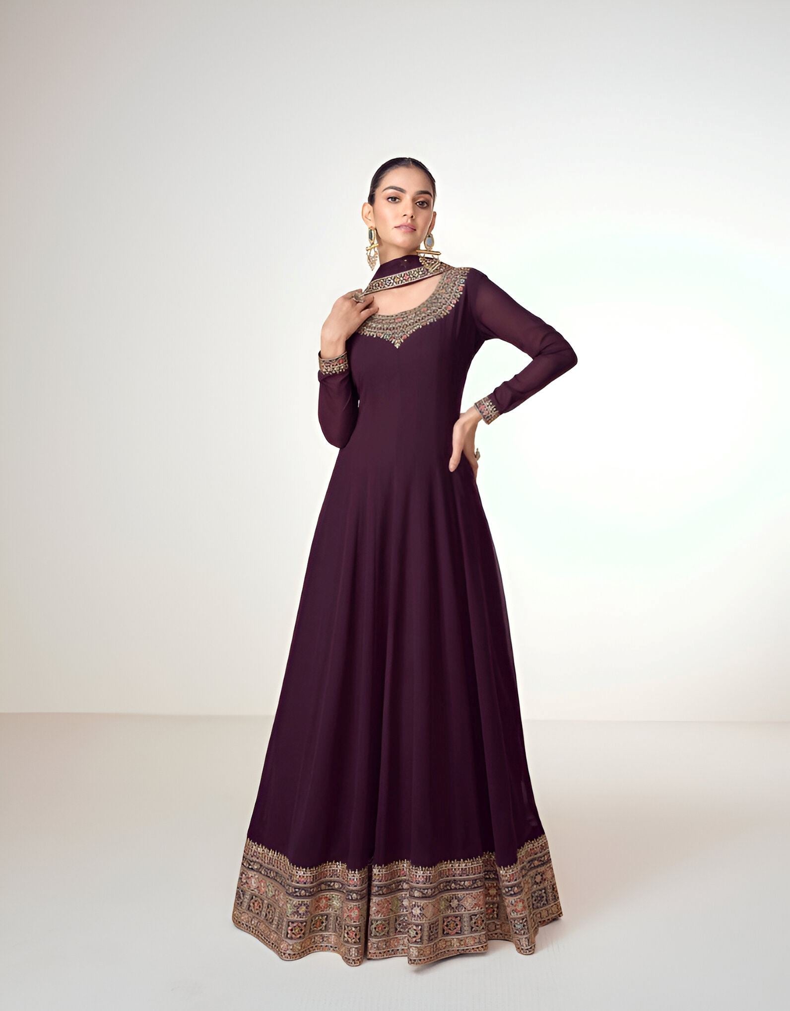 Wine Heavy Designer Suit With Heavy Embroidery Work