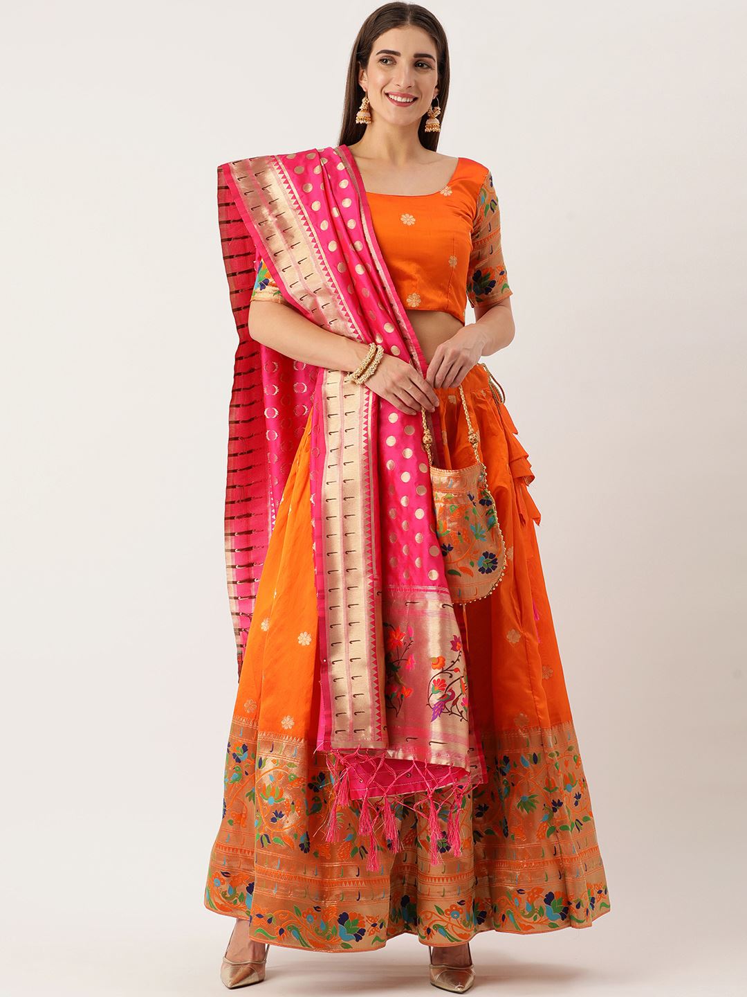 A Royal Hue Of Orange Paithani-Inspired Jacquard Lehenga With Detailed Zari Craftsmanship