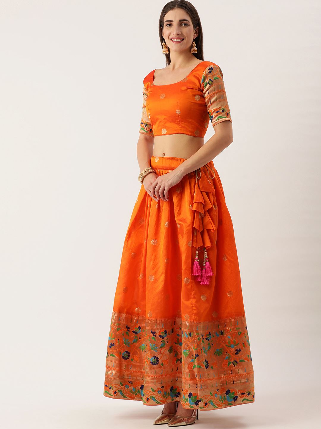 A Royal Hue Of Orange Paithani-Inspired Jacquard Lehenga With Detailed Zari Craftsmanship