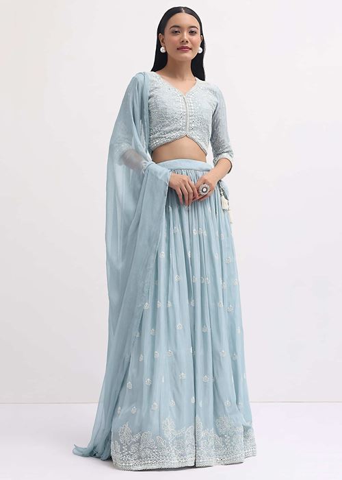 Adorable Blue Thread Embroidered Georgette Party Wear Lehenga Choli