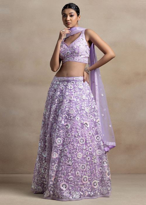 Adorable Lavender Sequins Net Bridesmaid Lehenga Choli With Dupatta