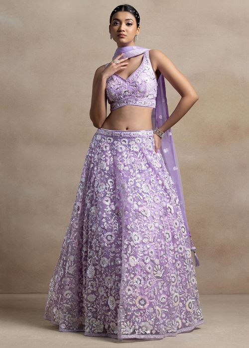Adorable Lavender Sequins Net Bridesmaid Lehenga Choli With Dupatta