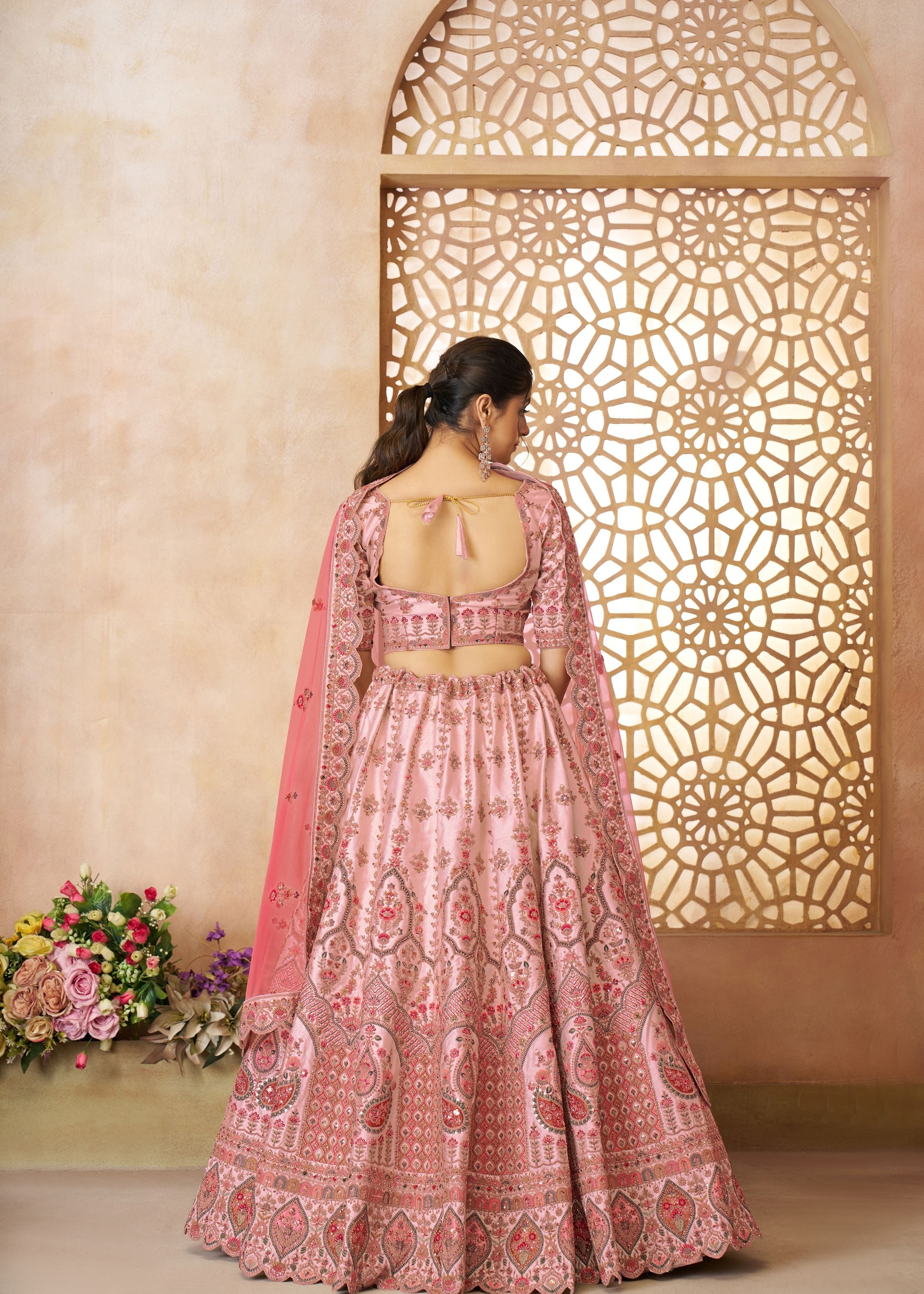 Adorable Pink Silk Embroidery Wedding Wear Lehenga Choli