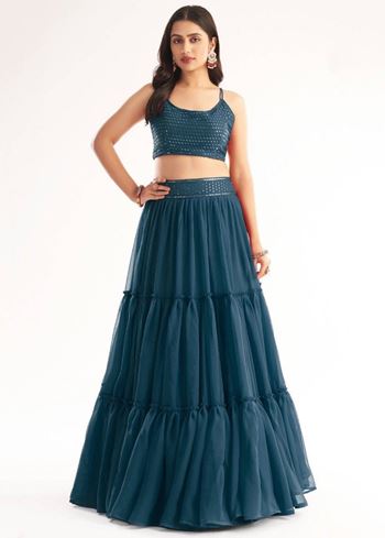 Adorable Teal Blue Georgette Party Wear Lehenga With Sequins Choli