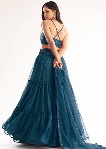 Adorable Teal Blue Georgette Party Wear Lehenga With Sequins Choli