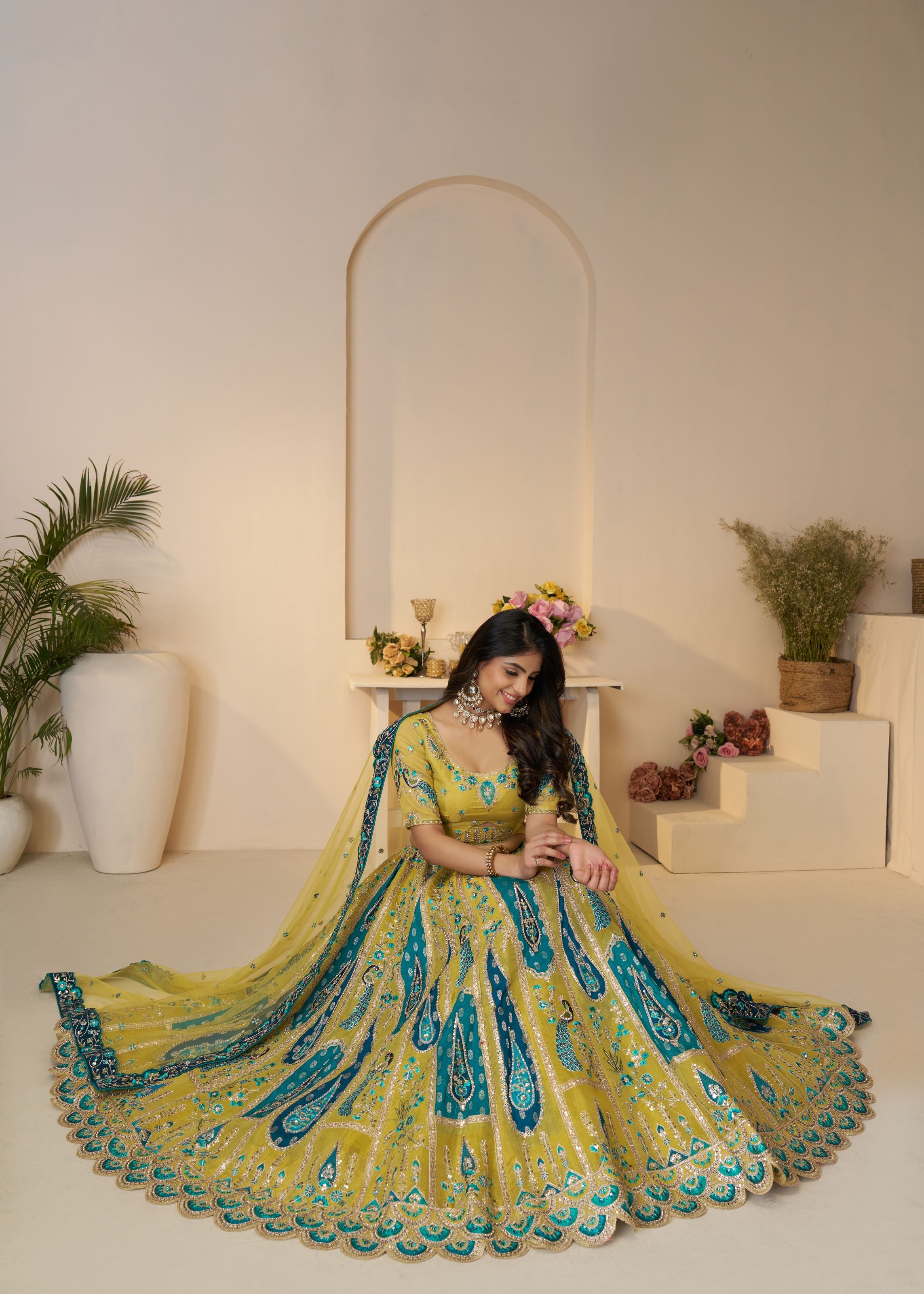 Alluring Bel Butti Pattern Golden Sangeet Lehenga Choli