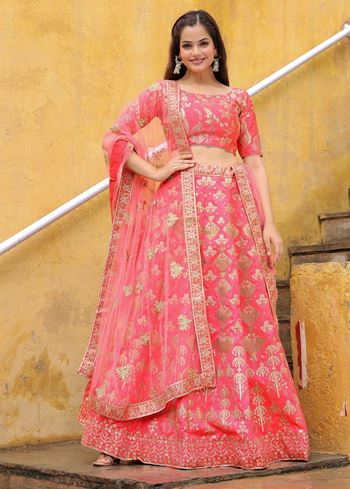 Alluring Peach Embroidered Silk Reception Lehenga Choli With Dupatta