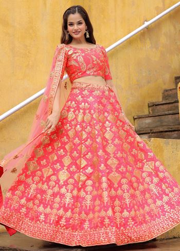 Alluring Peach Embroidered Silk Reception Lehenga Choli With Dupatta