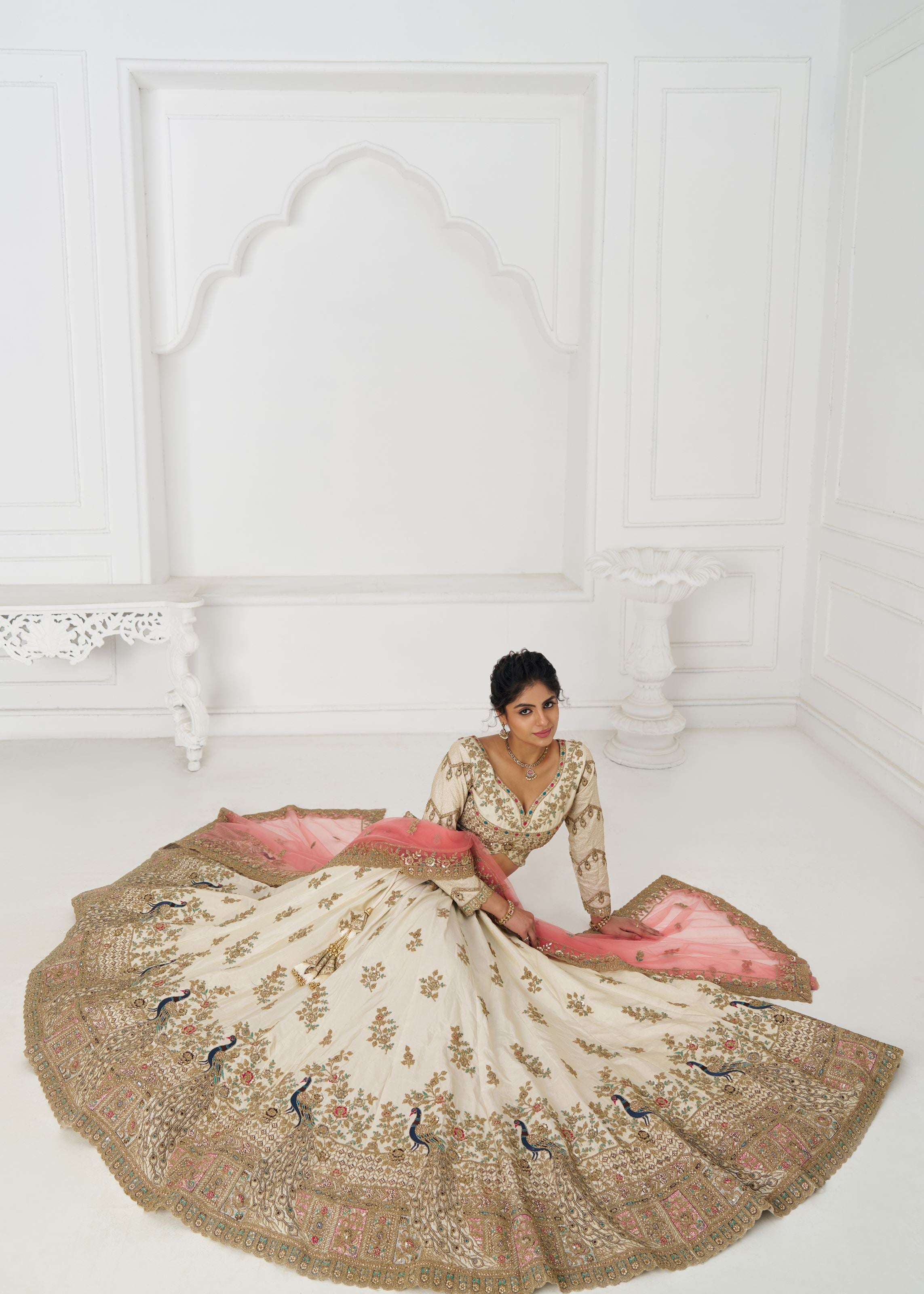 Amazing White Embroidered Zari Silk Designer Bridal Lehenga