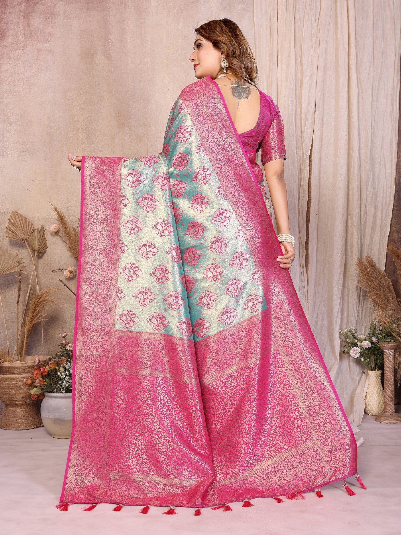 Aqua Banarasi Tissue Silk Saree With Traditional Weaving