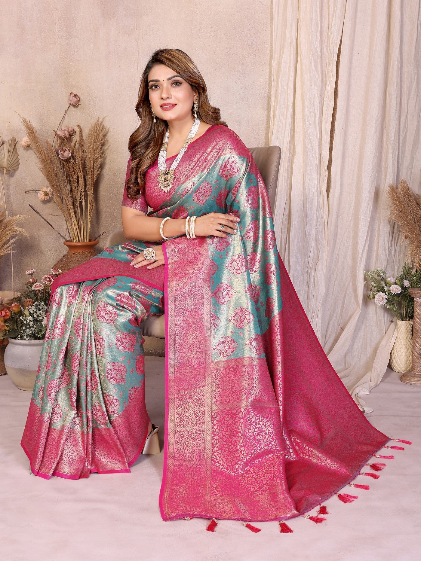 Aqua Banarasi Tissue Silk Saree With Traditional Weaving
