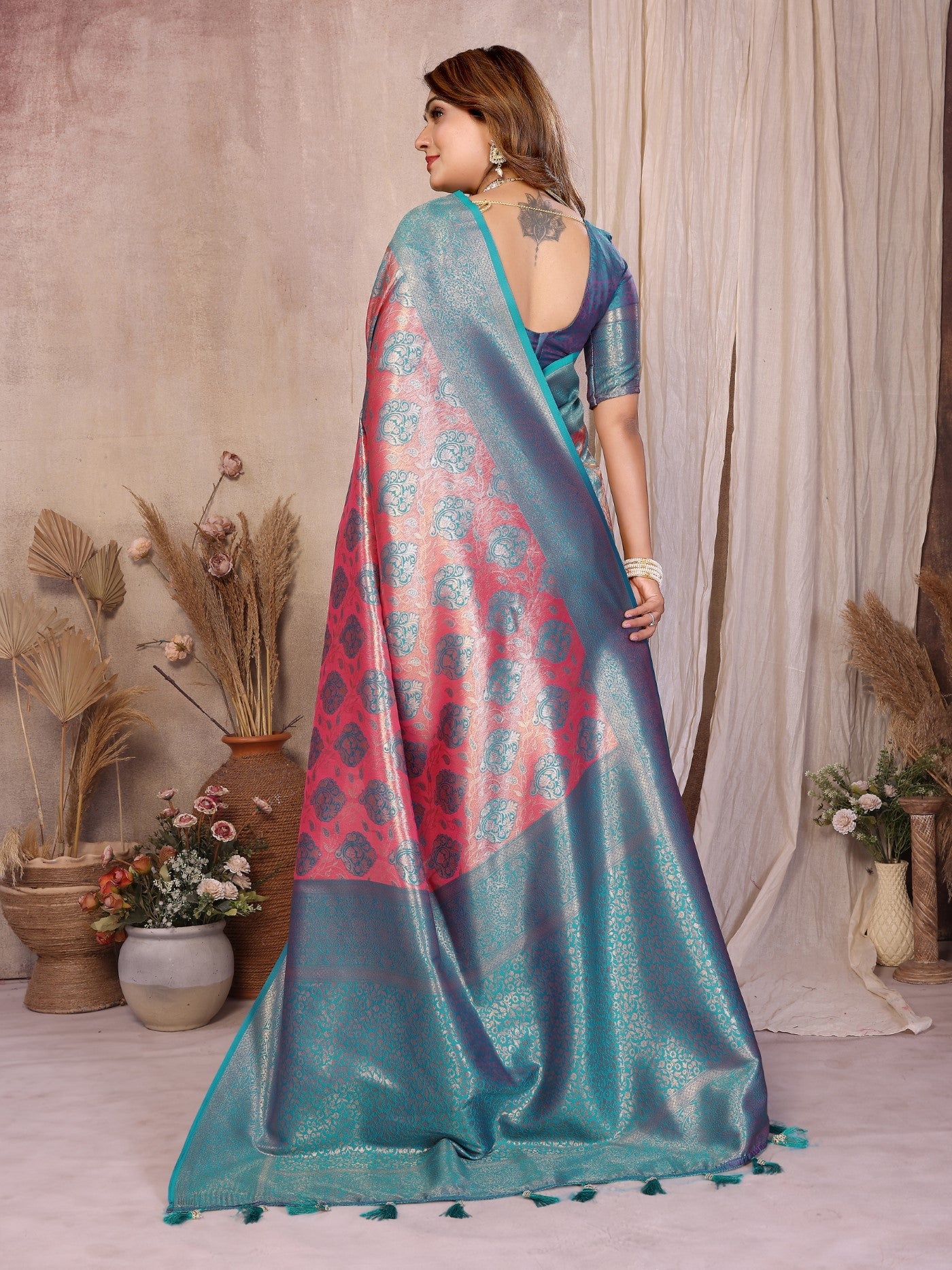Aqua Banarasi Tissue Silk Saree With Traditional Weaving