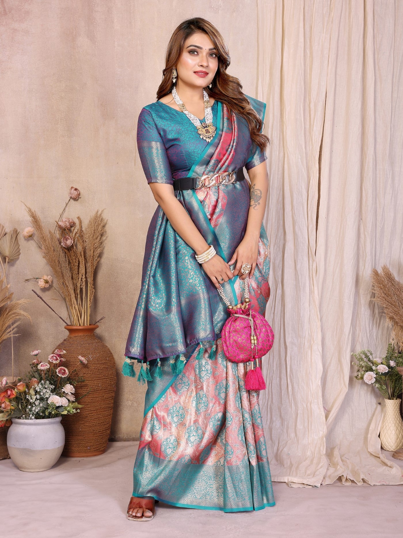 Aqua Banarasi Tissue Silk Saree With Traditional Weaving