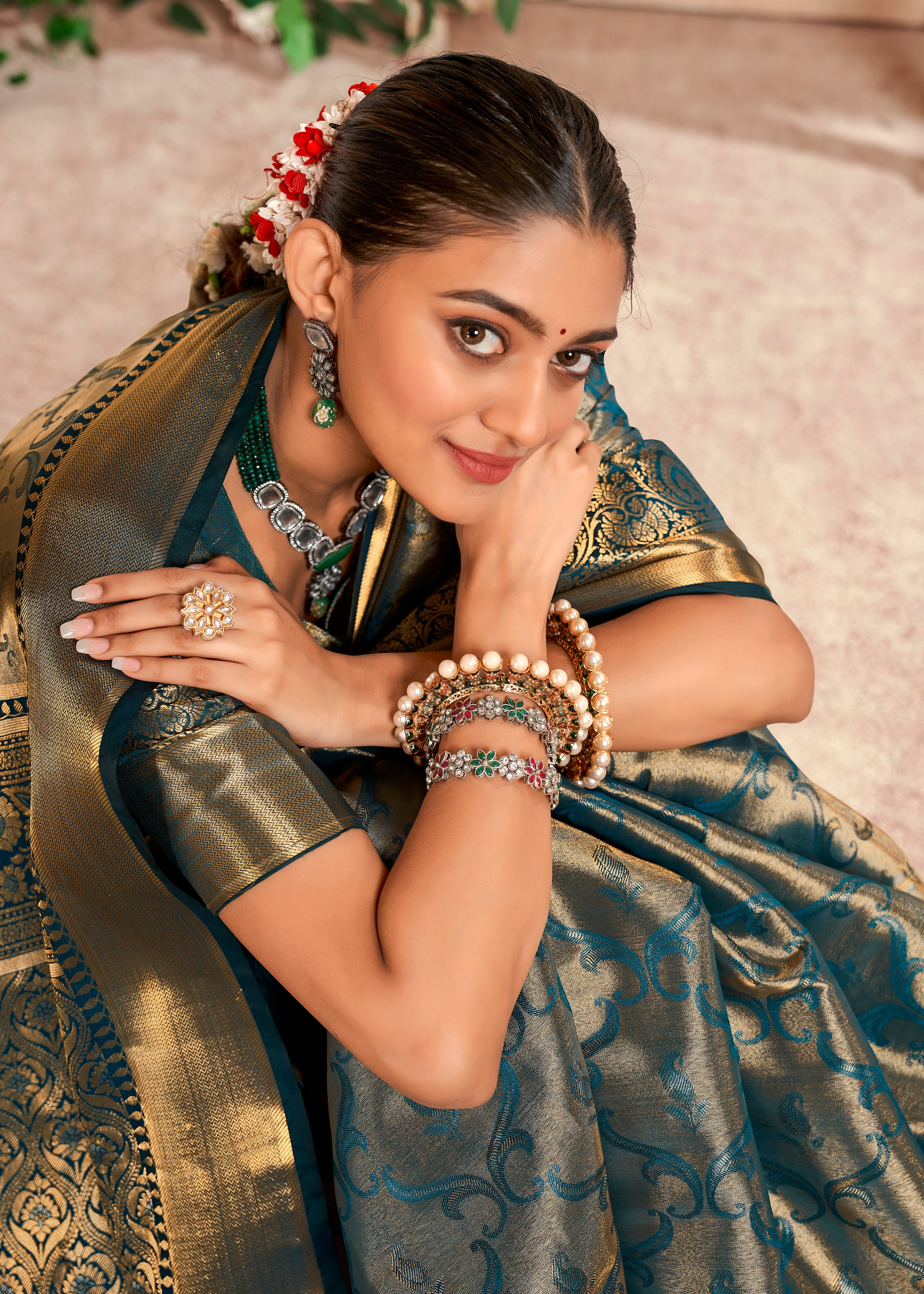 Aqua Blue Banarasi Silk Saree With Zari Jacquard Woven Work