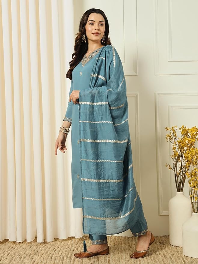 Aqua Blue Chanderi Kurta Pant Set With Embroidery Work