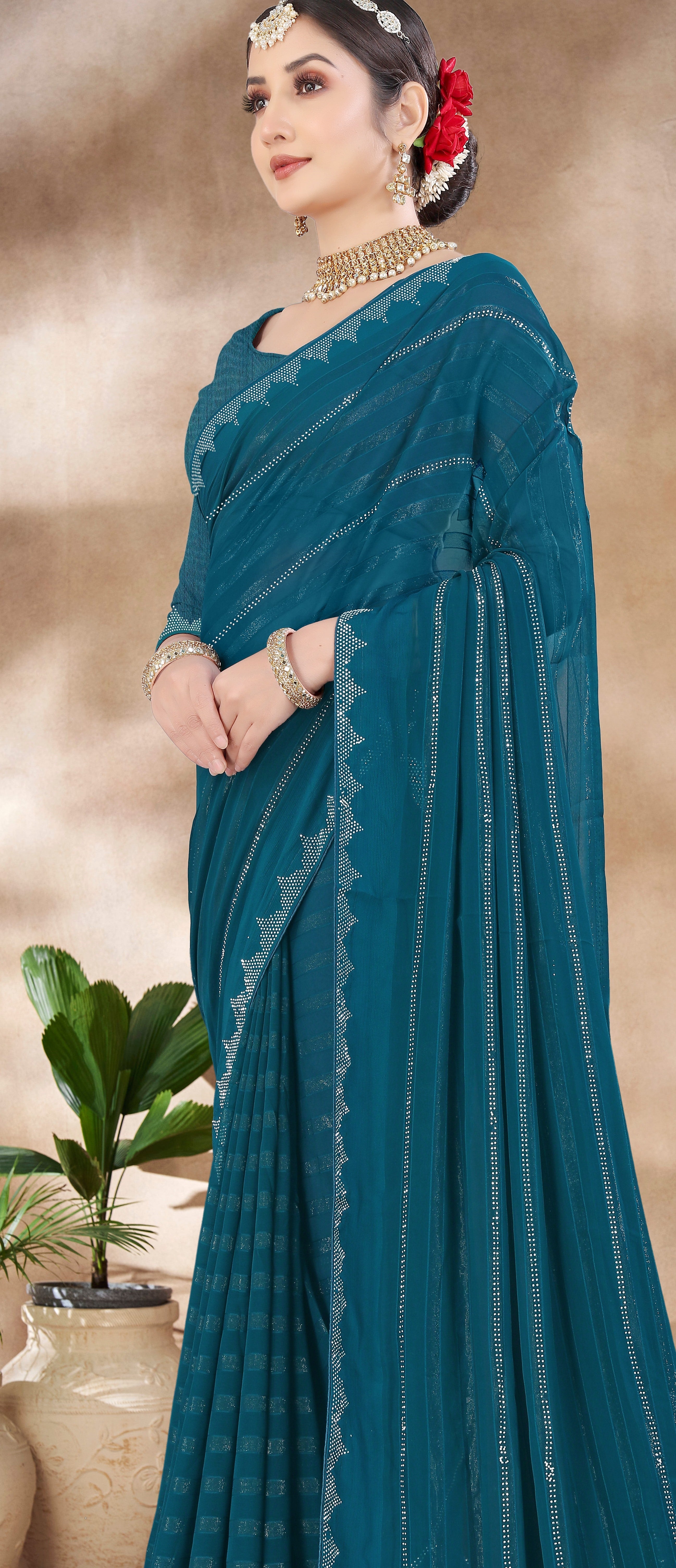 Aqua Blue Chiffon Saree With Swarovski Diamond Work