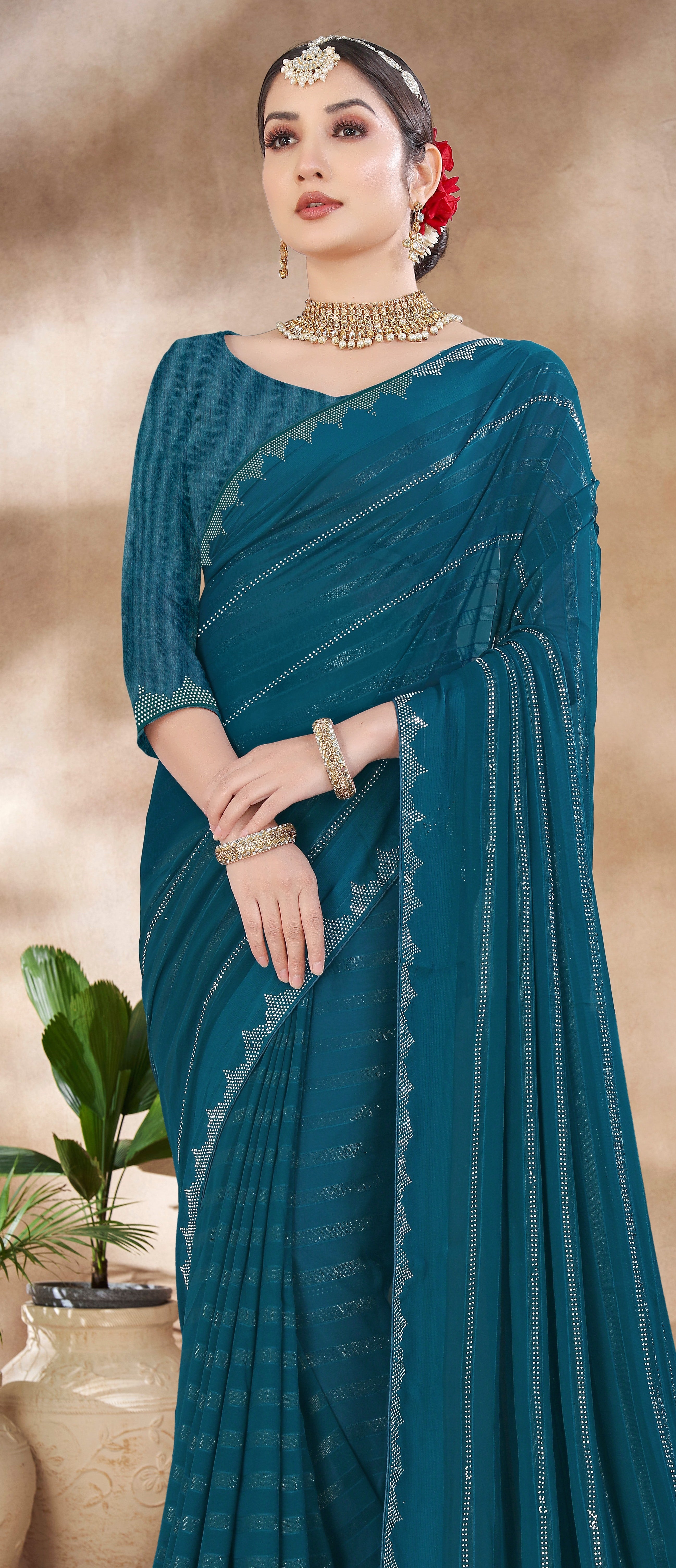 Aqua Blue Chiffon Saree With Swarovski Diamond Work