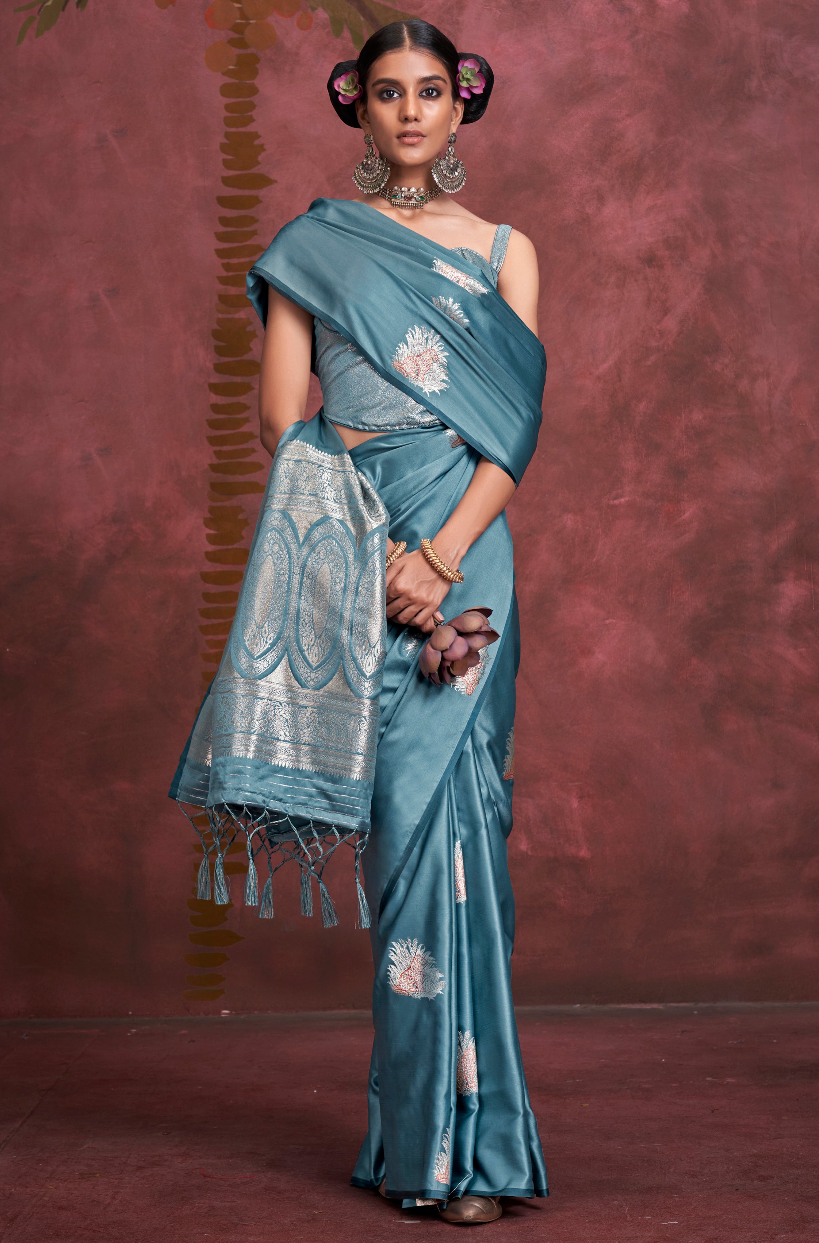 Aqua Blue Color Satin Silk Saree With Jacquard Woven Work
