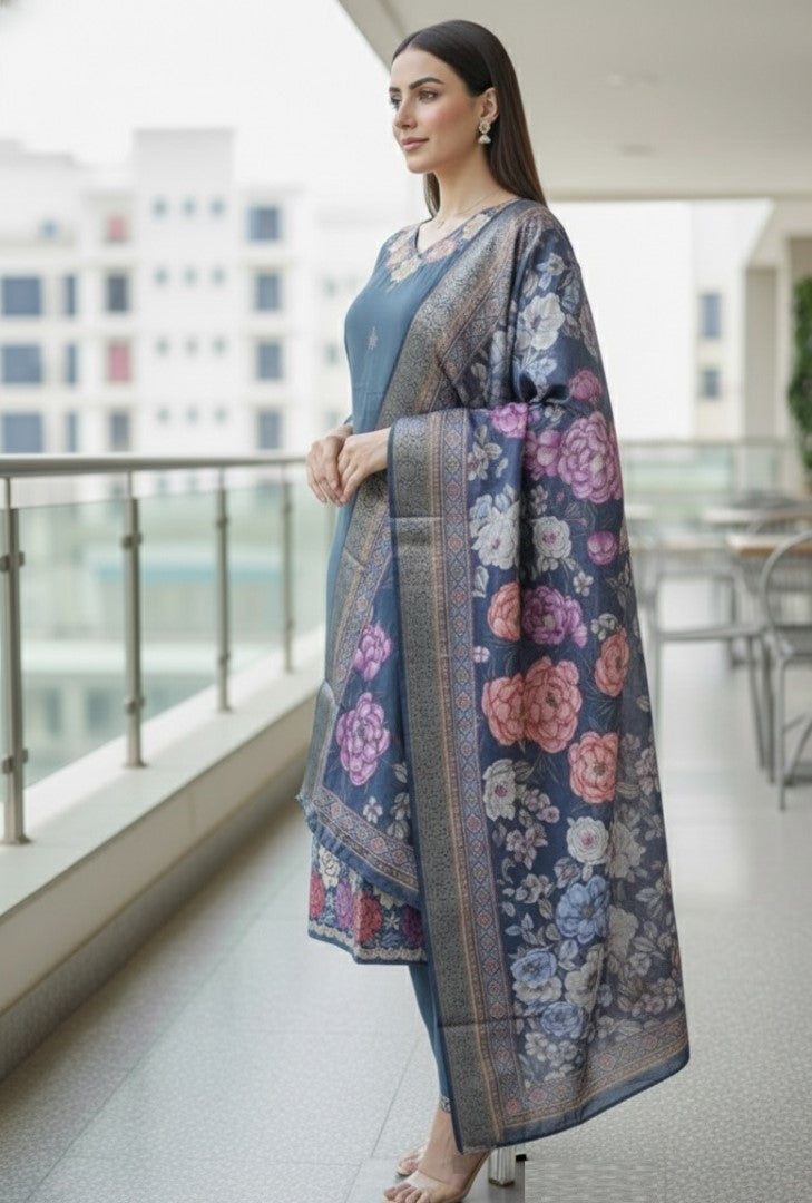 Aqua Blue Cotton Silk Designer Suit Set With Artisan Embroidery