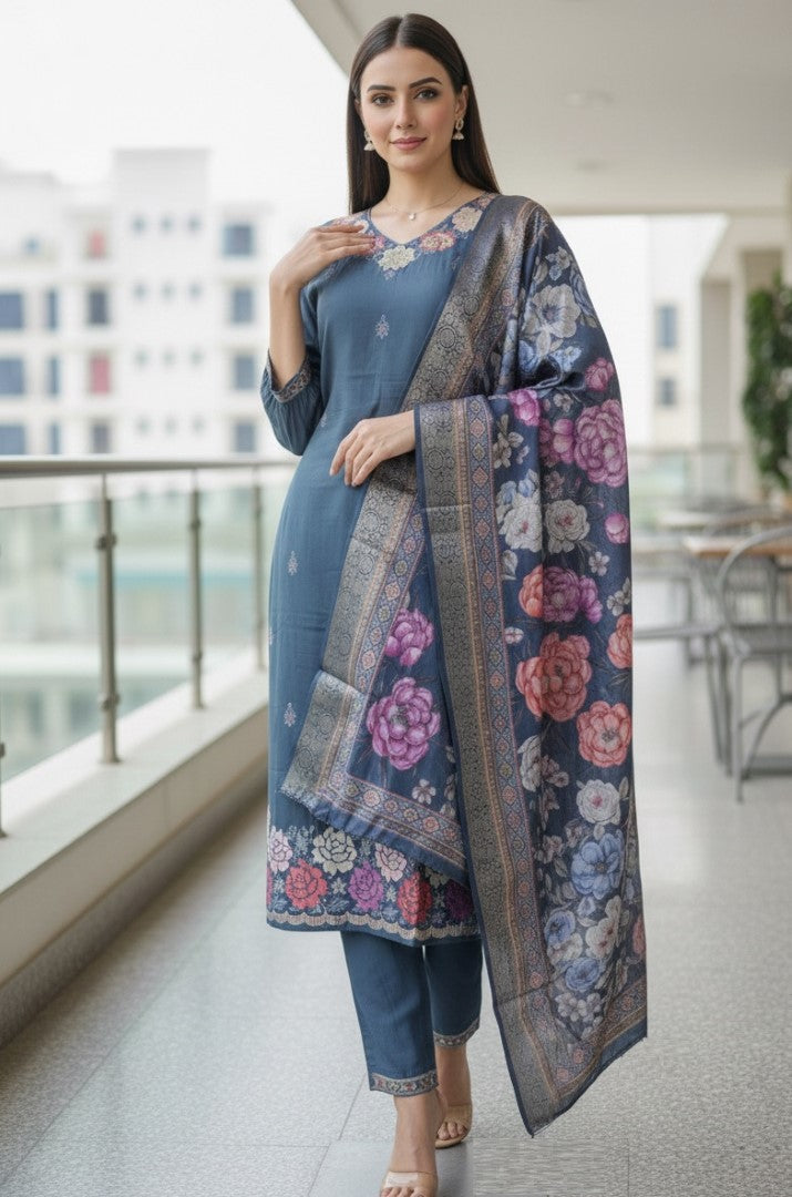 Aqua Blue Cotton Silk Designer Suit Set With Artisan Embroidery