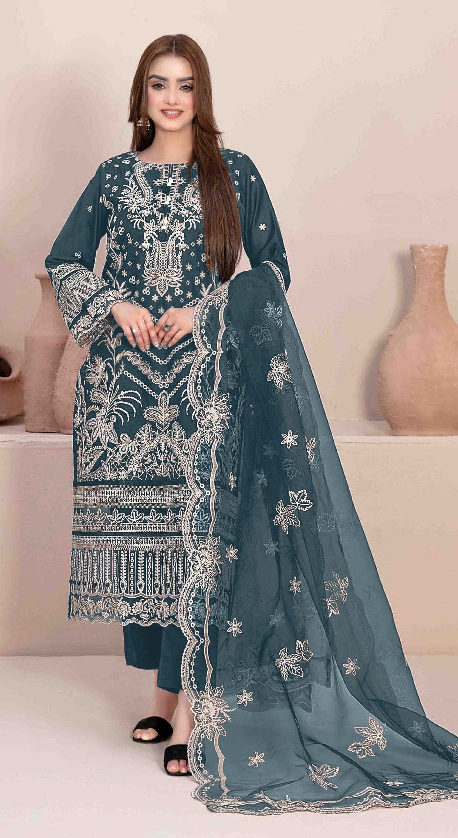 Aqua Blue Heavy Designer Suit With Heavy Embroidery Work
