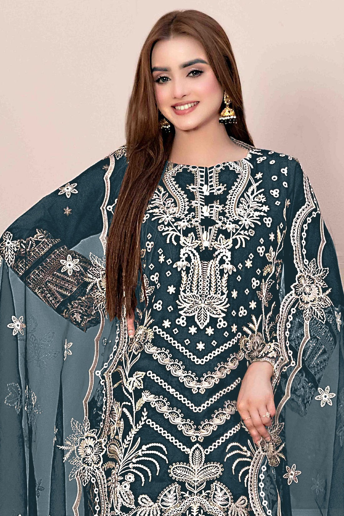 Aqua Blue Heavy Designer Suit With Heavy Embroidery Work