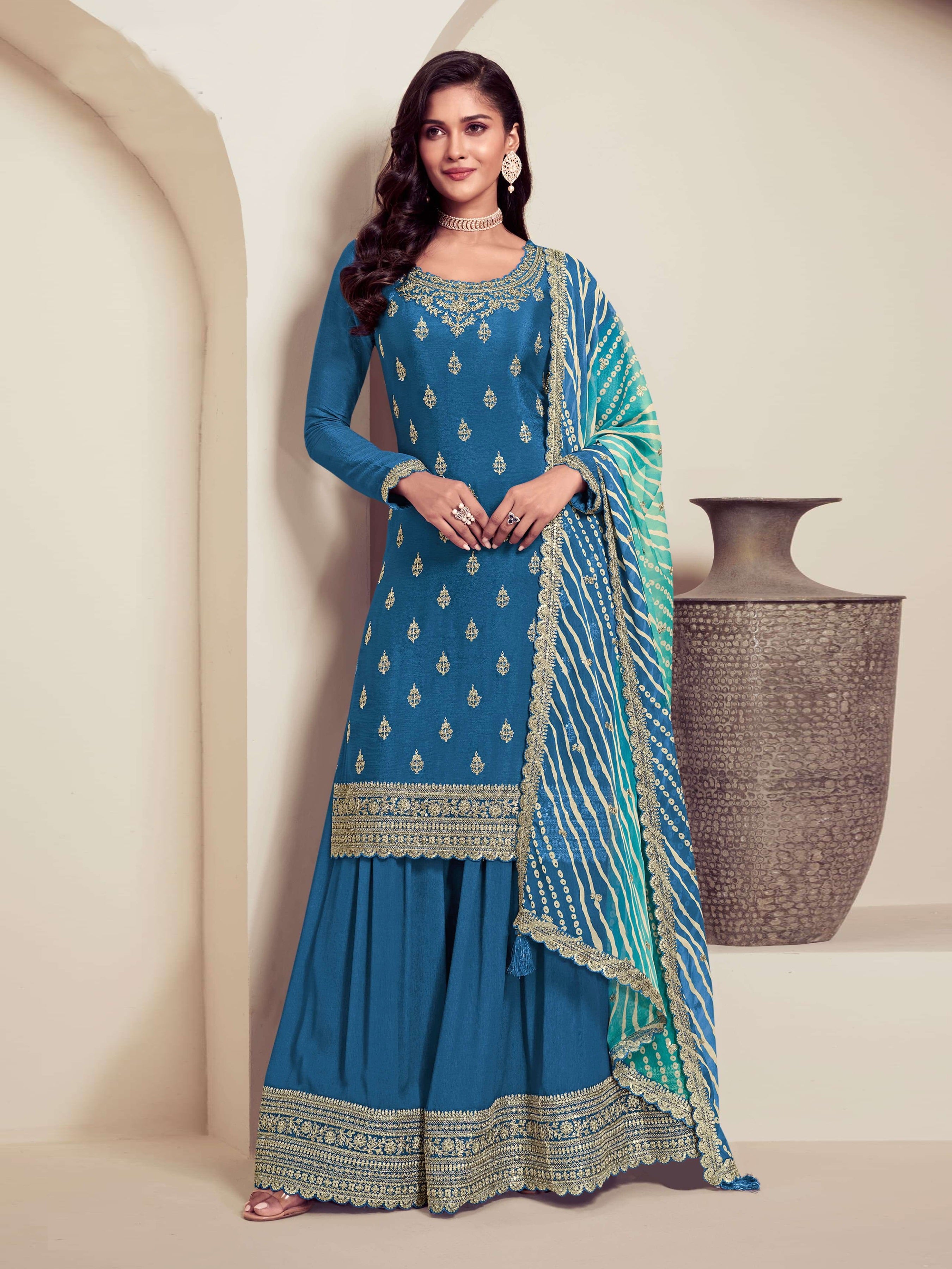 Aqua Blue Heavy Designer Suit With Heavy Embroidery Work