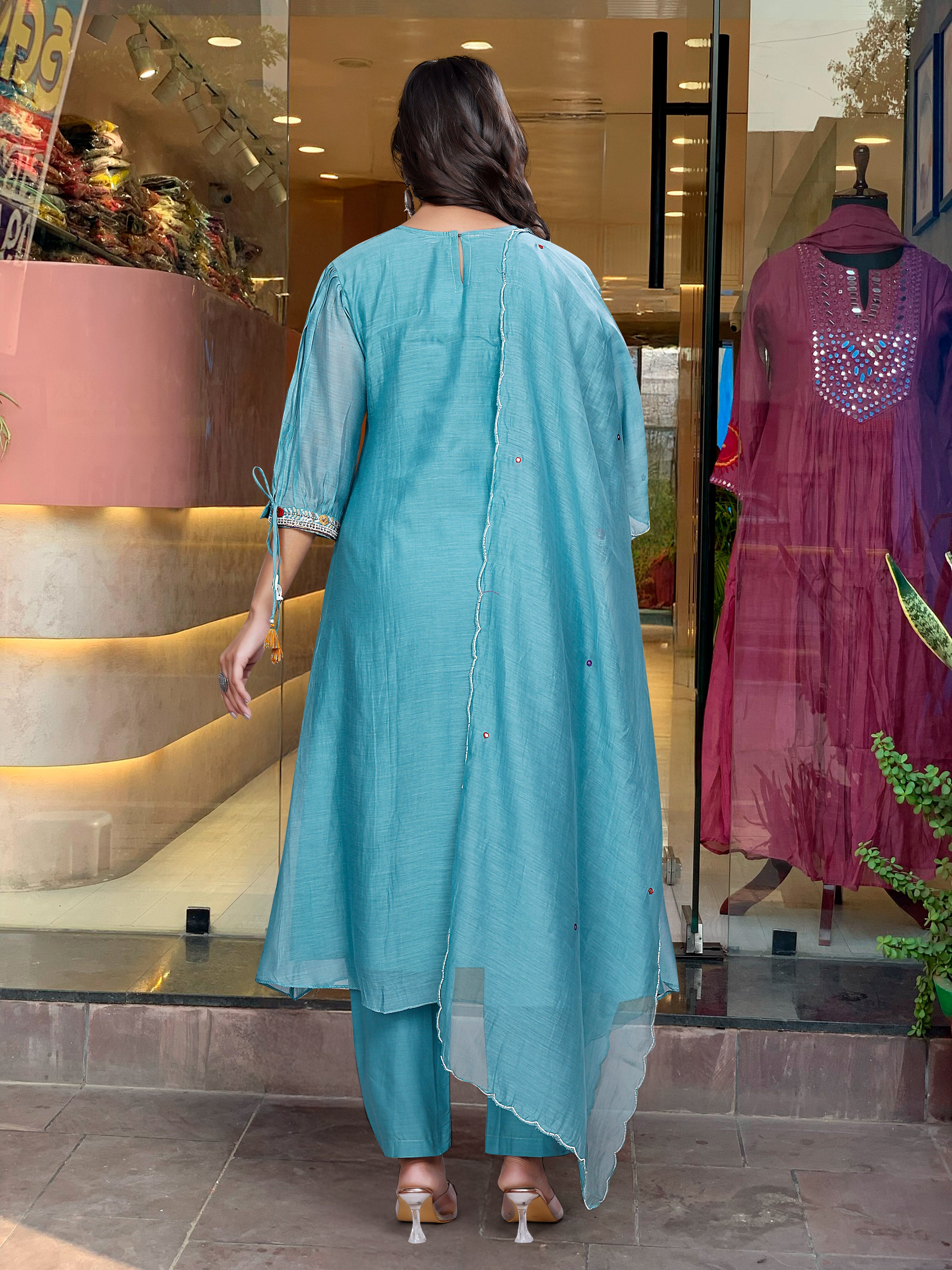 Aqua Blue Kurta Pant Set With Heavy Thread Embroidery Work