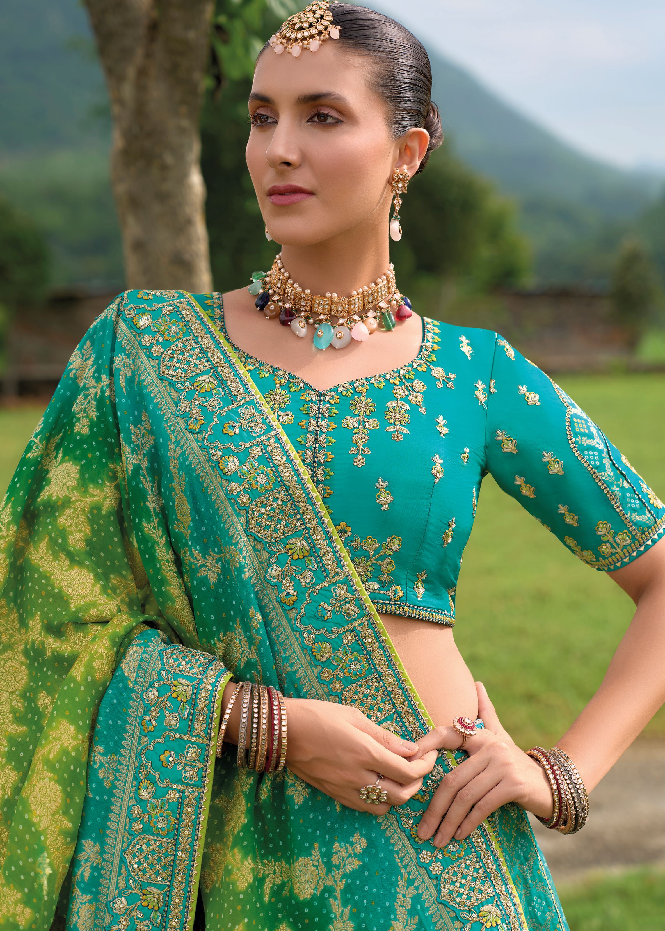 Aqua Blue Lehenga Choli With Heavy Thread Embroidery, Khatli With Sequins Work