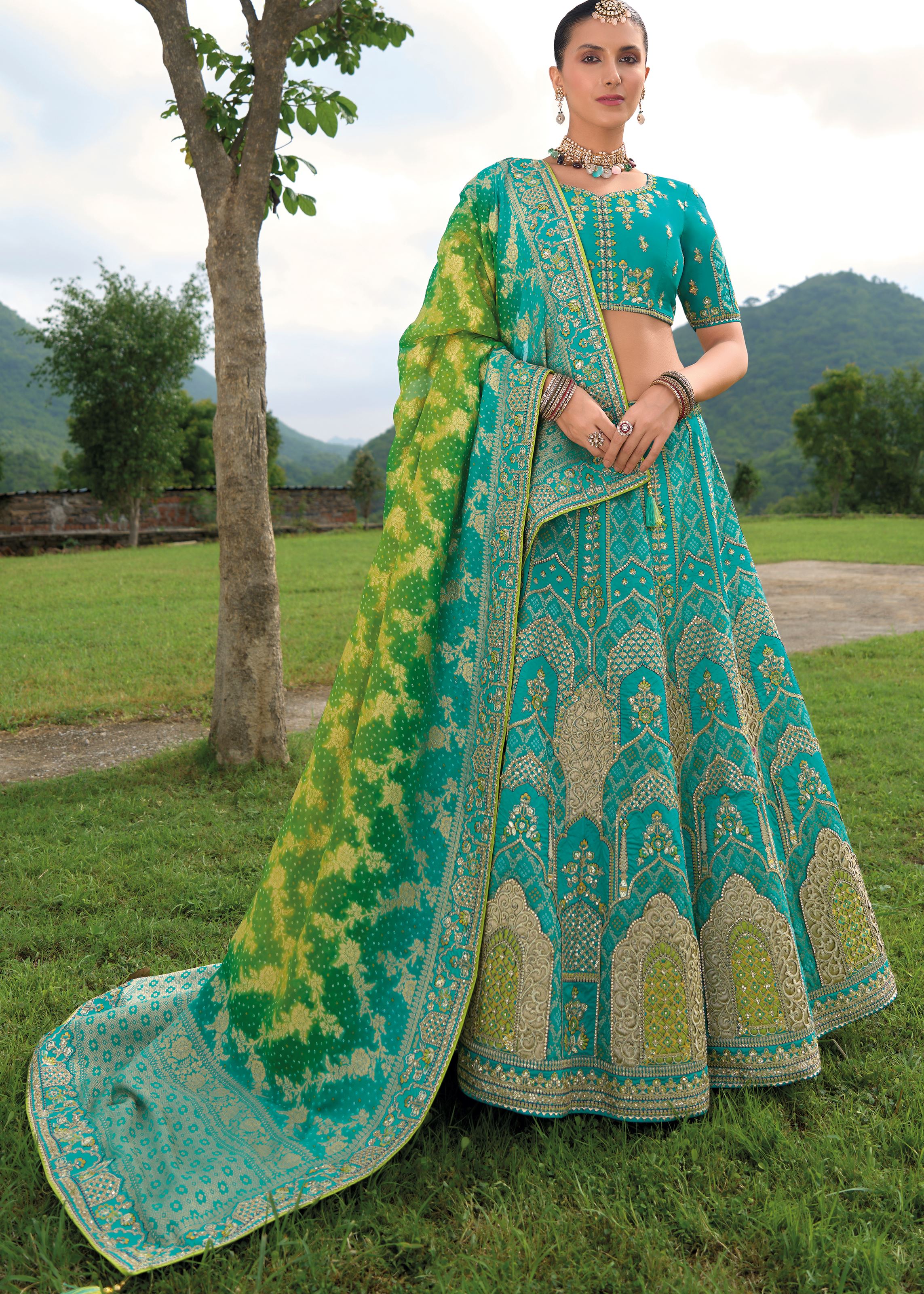 Aqua Blue Lehenga Choli With Heavy Thread Embroidery, Khatli With Sequins Work