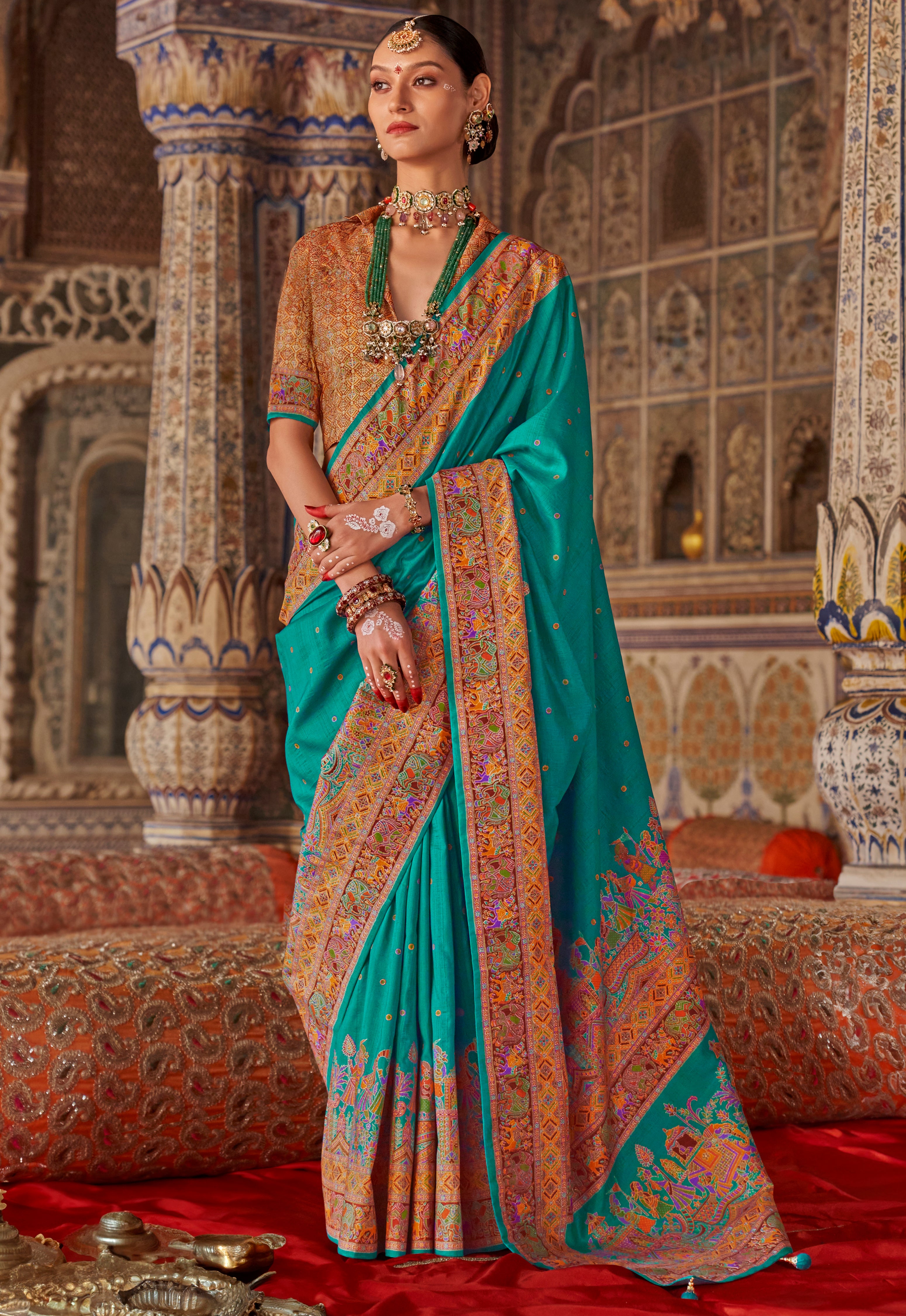 Aqua Blue PV Silk Saree With Luxury Print and Glory Finish