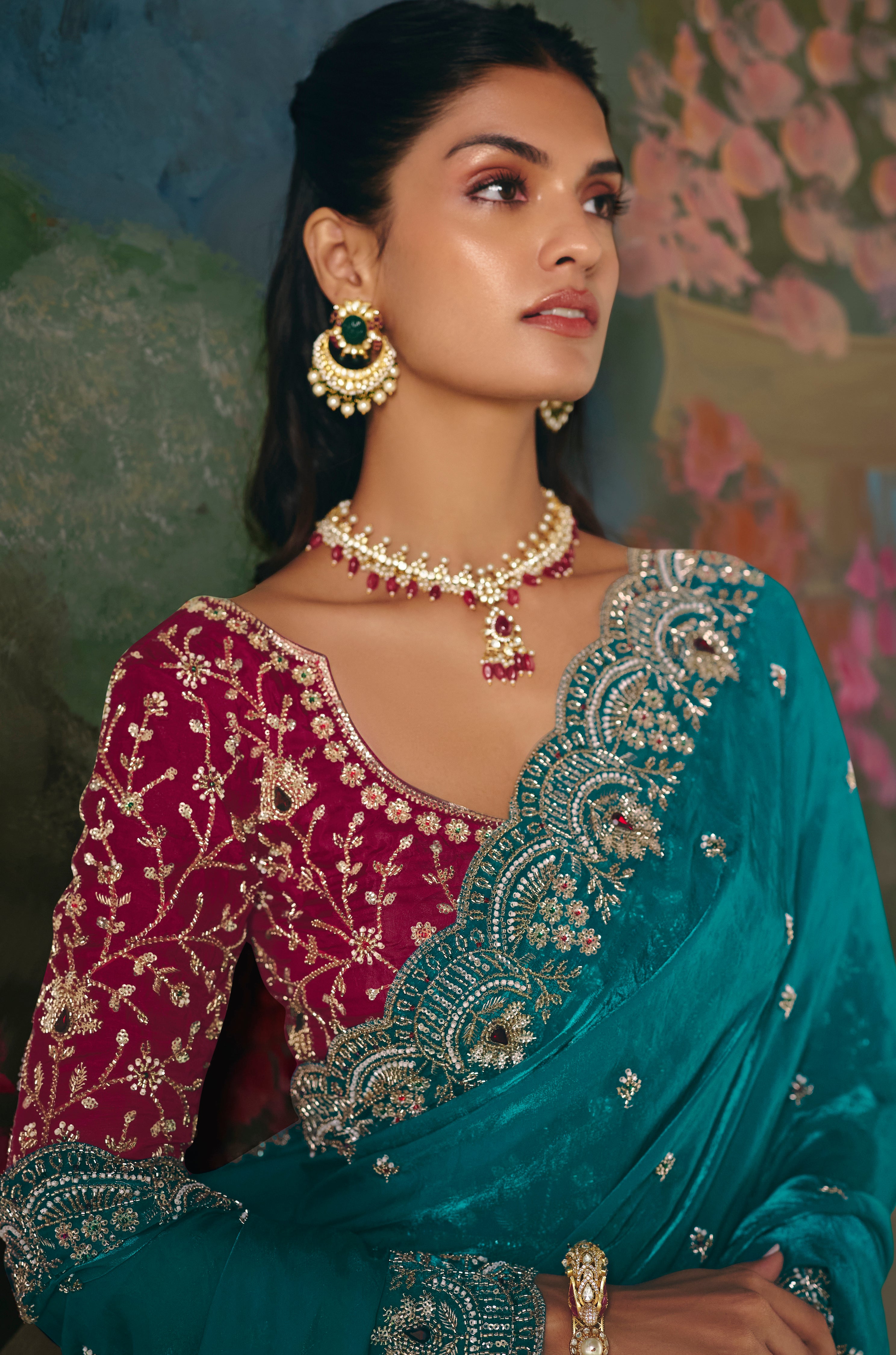 Aqua Blue Saree With Heavy Designer Embroidery, Sequince, Stone, With Beads Work