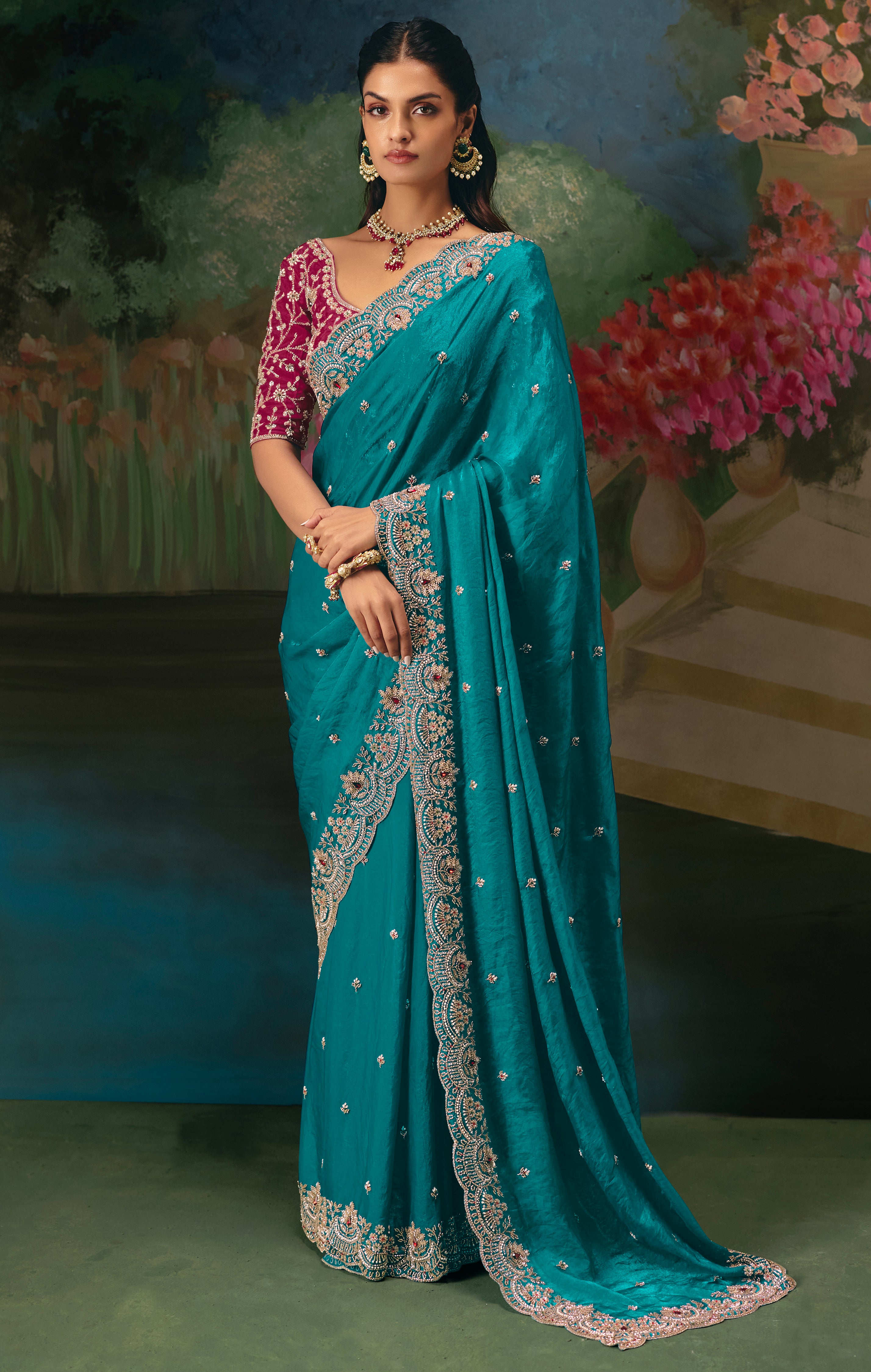 Aqua Blue Saree With Heavy Designer Embroidery, Sequince, Stone, With Beads Work