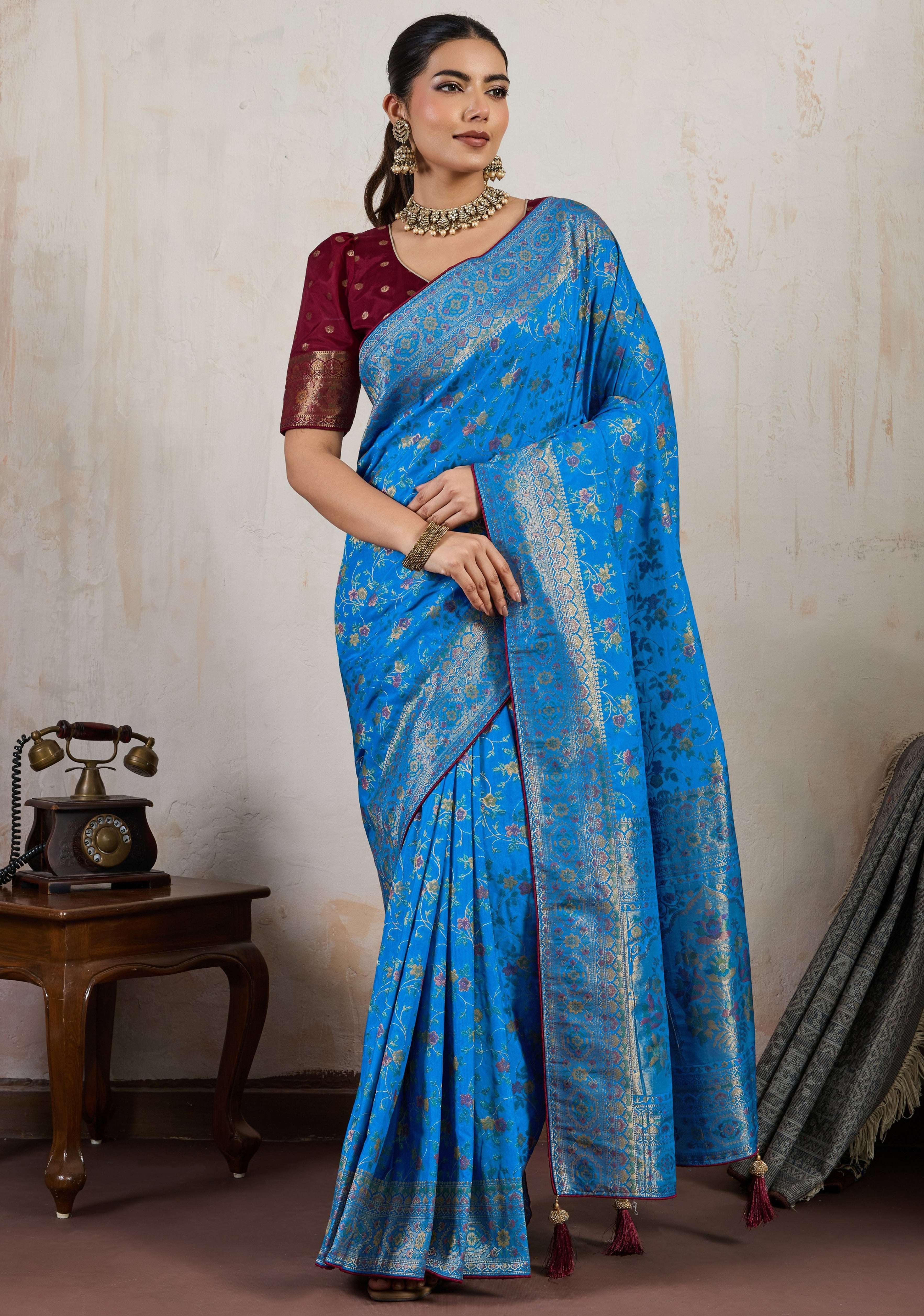 Aqua Blue Saree With Meenakari with 3 Zari Shades & 8 Color Thread Shades, Creating a Masterpiece