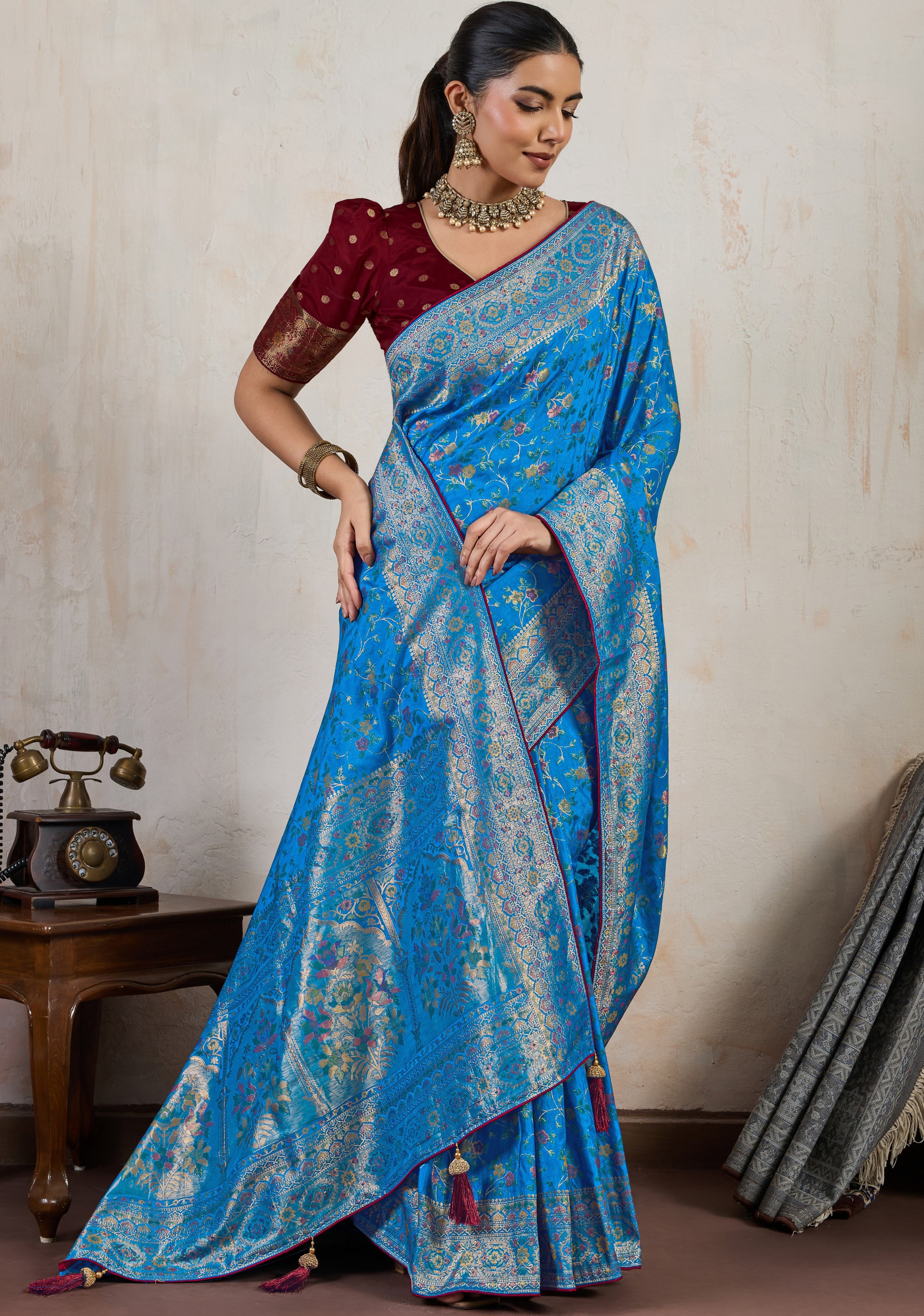 Aqua Blue Saree With Meenakari with 3 Zari Shades & 8 Color Thread Shades, Creating a Masterpiece
