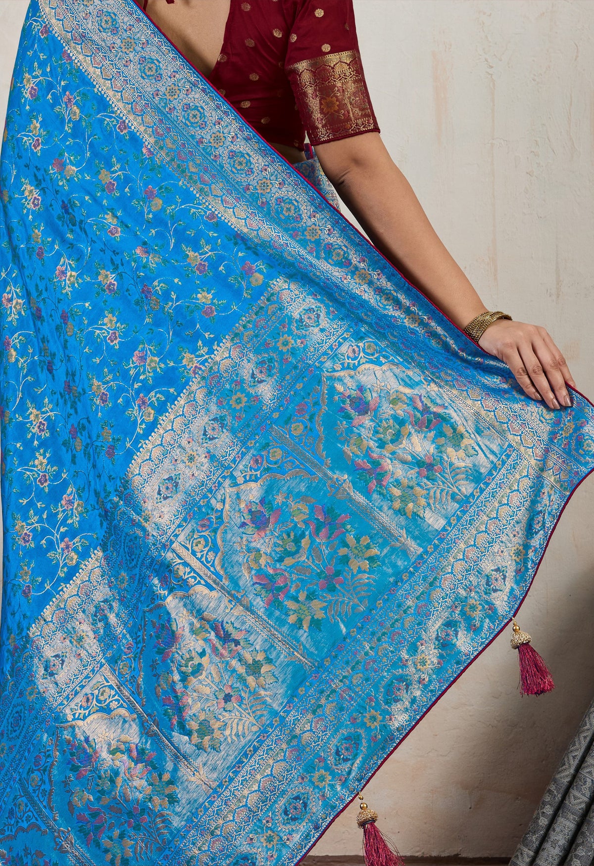 Aqua Blue Saree With Meenakari with 3 Zari Shades & 8 Color Thread Shades, Creating a Masterpiece
