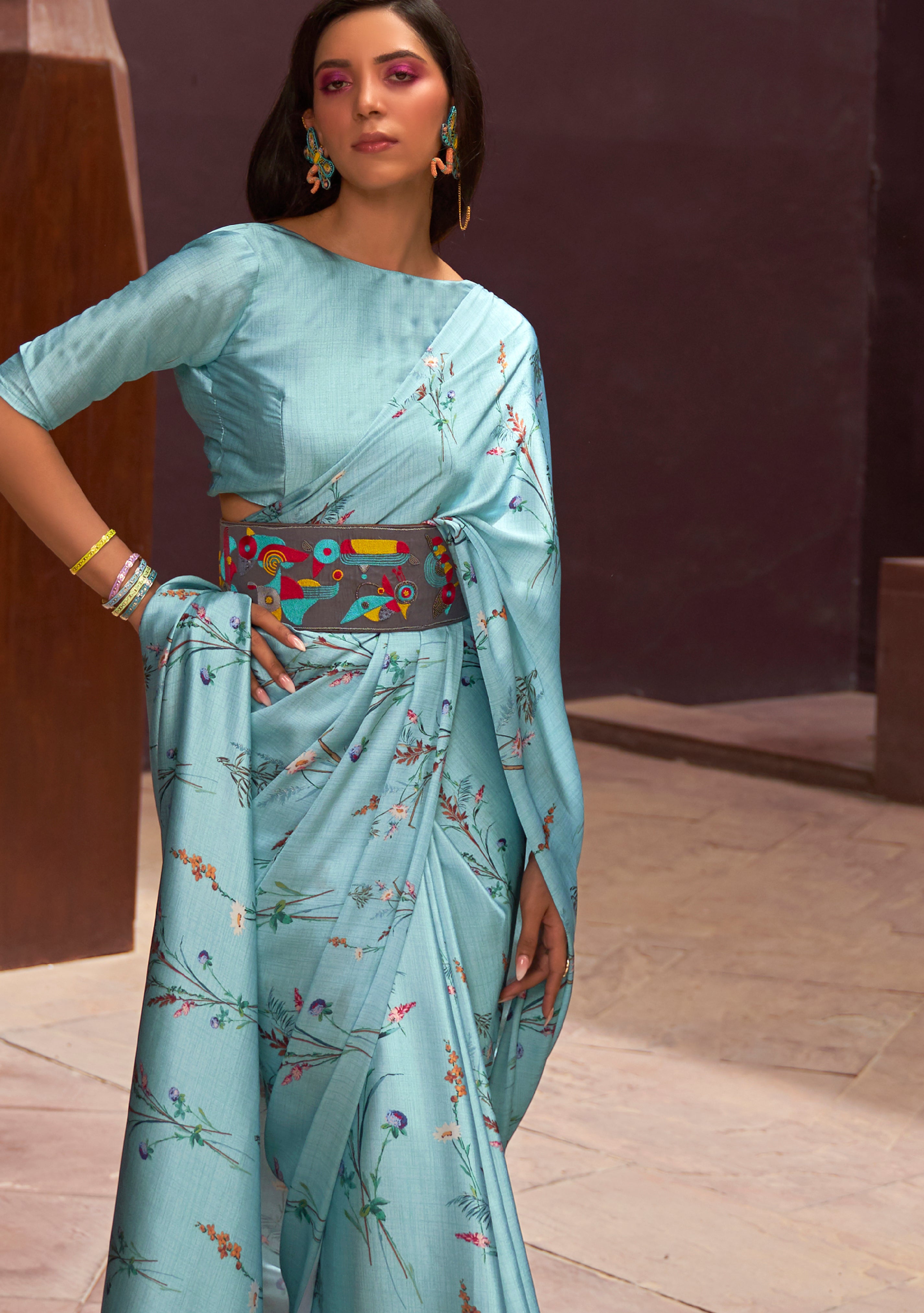 Aqua Blue Satin Crepe Saree With Digital Printed Work
