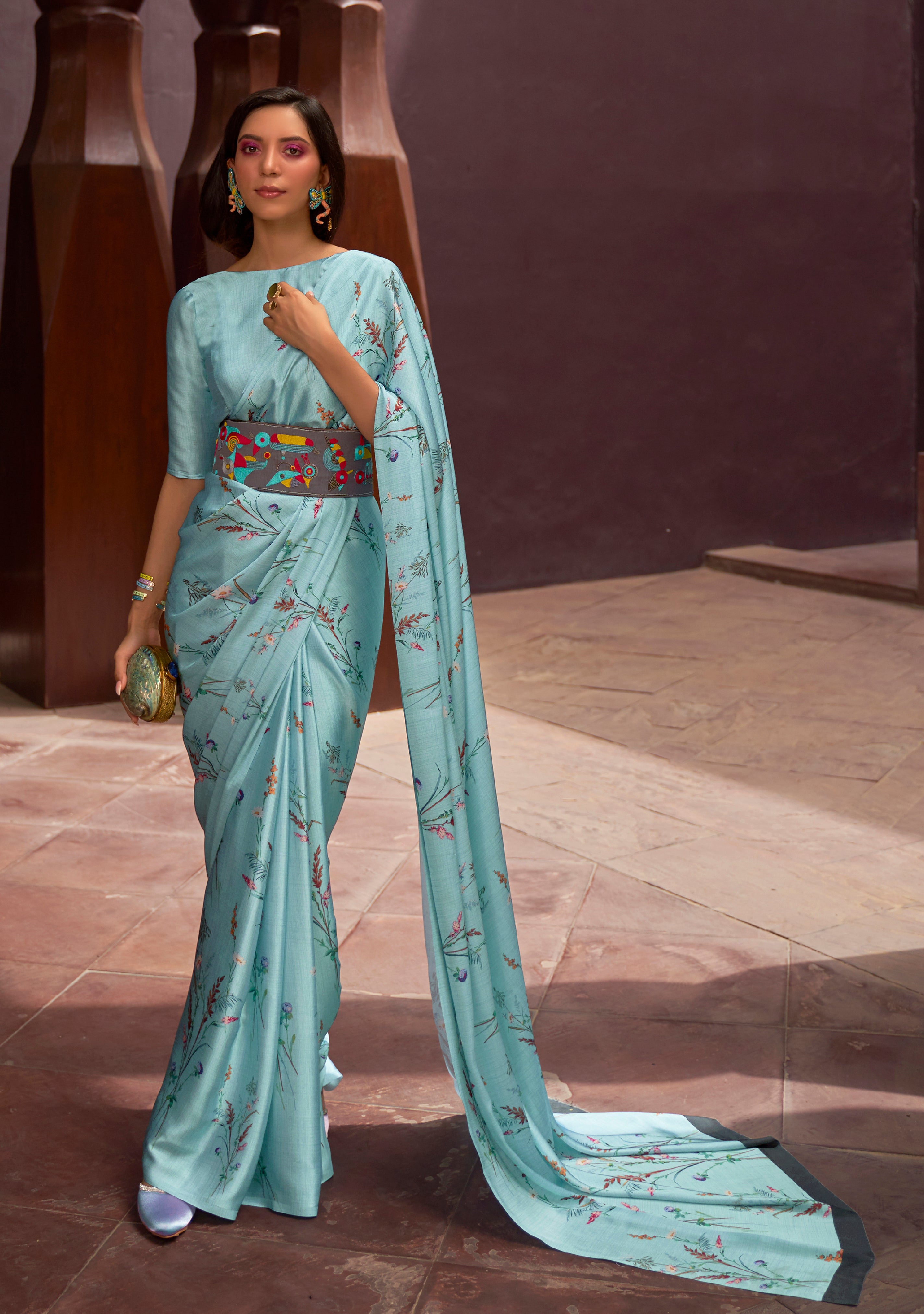 Aqua Blue Satin Crepe Saree With Digital Printed Work