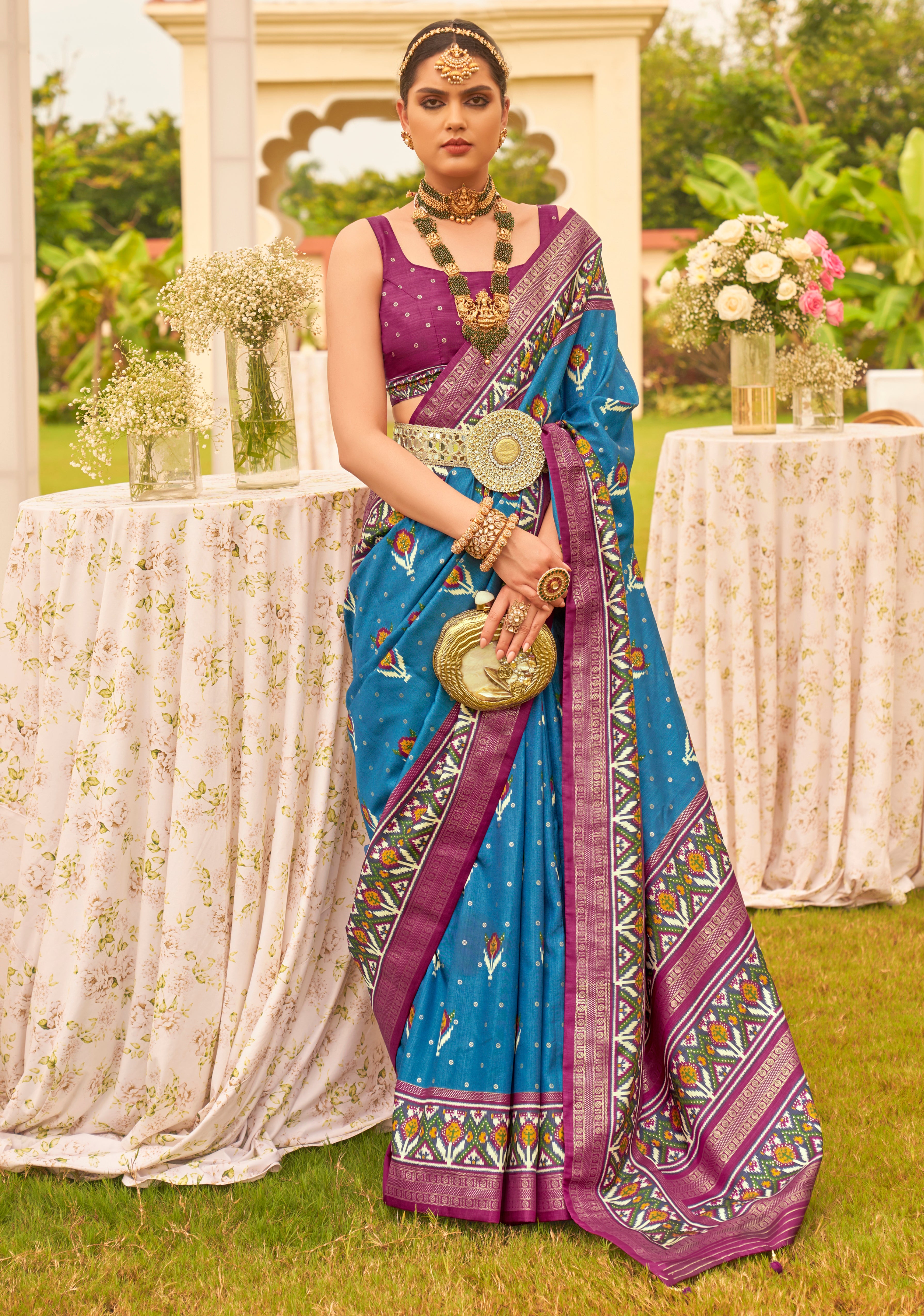 Aqua Blue Sigma Silk Saree With Digital Patola Print