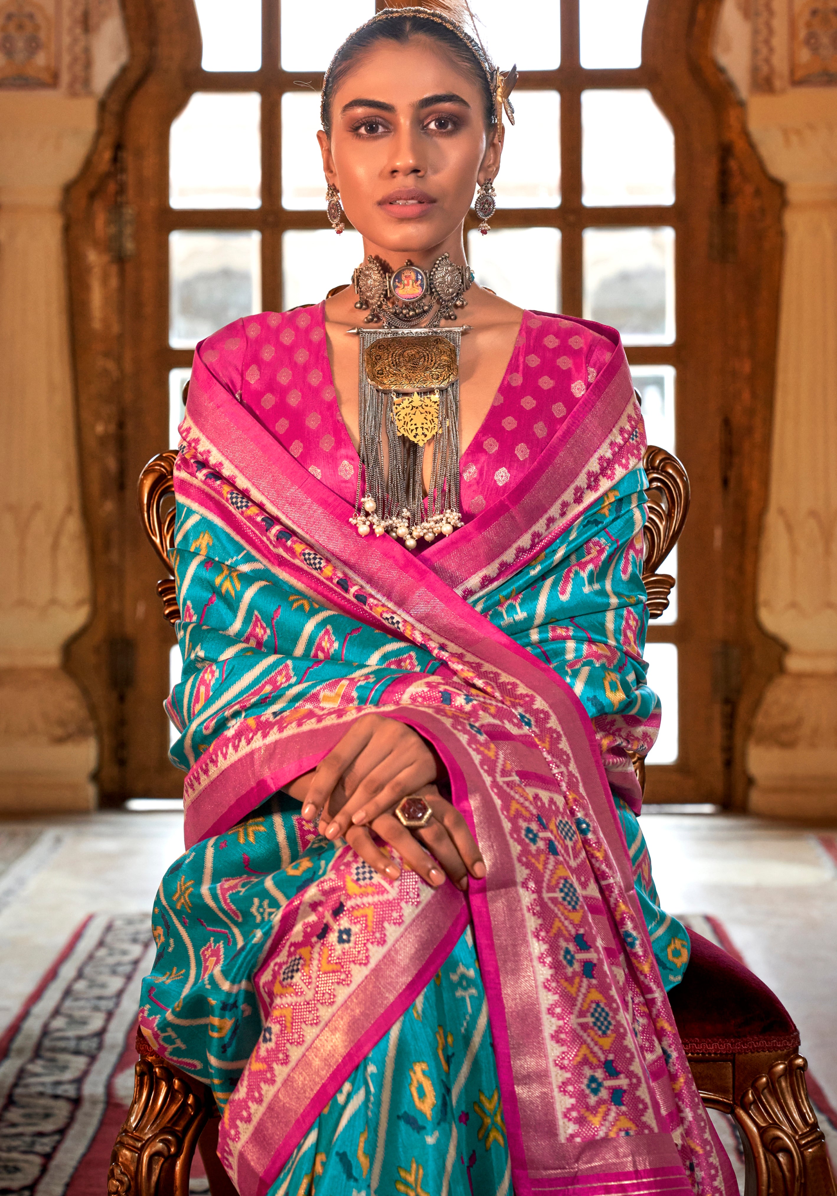 Aqua Blue Silk Saree With Digital Patola Print